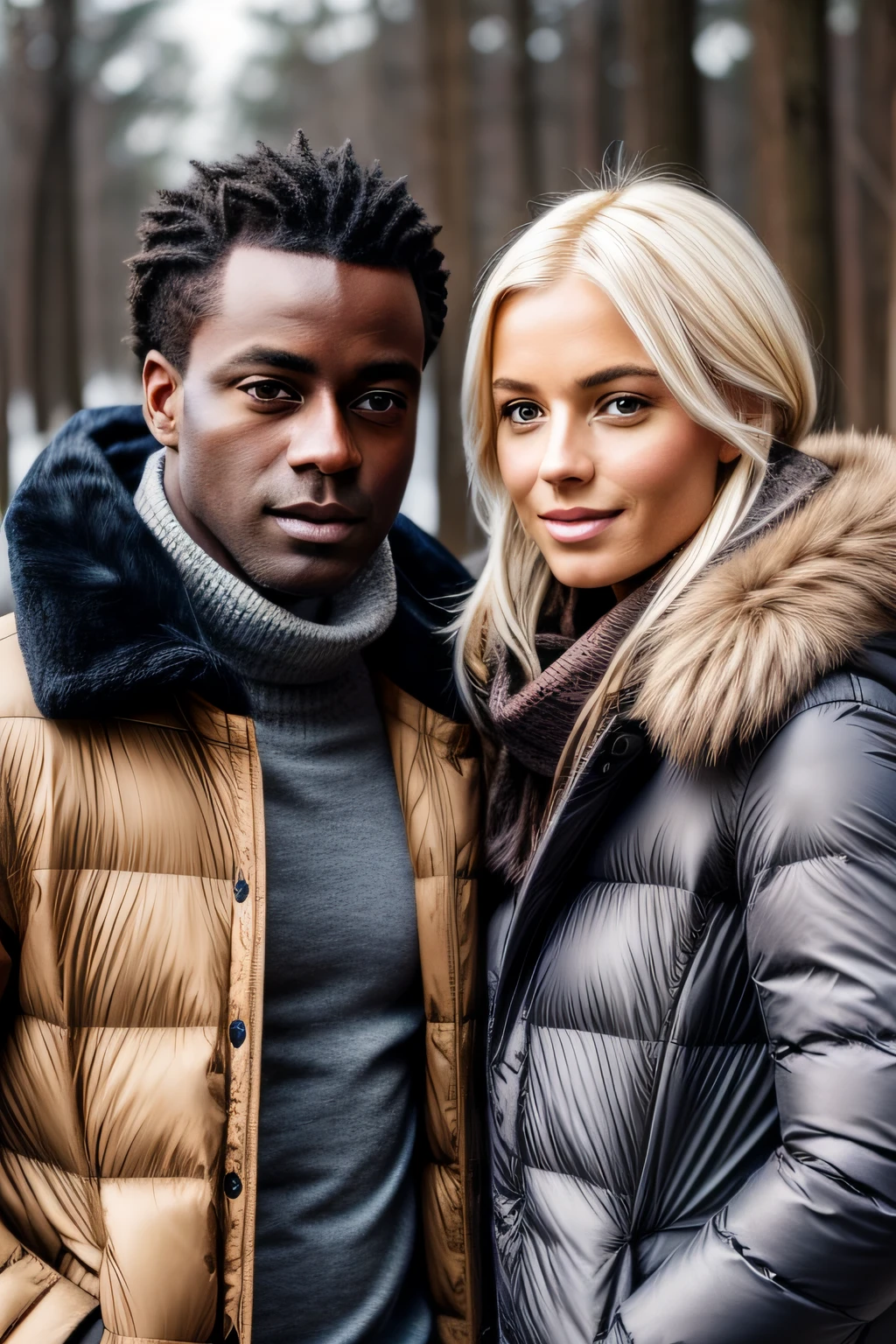 Male darkskin and Woman White skin, blond hair, Wintercoat
