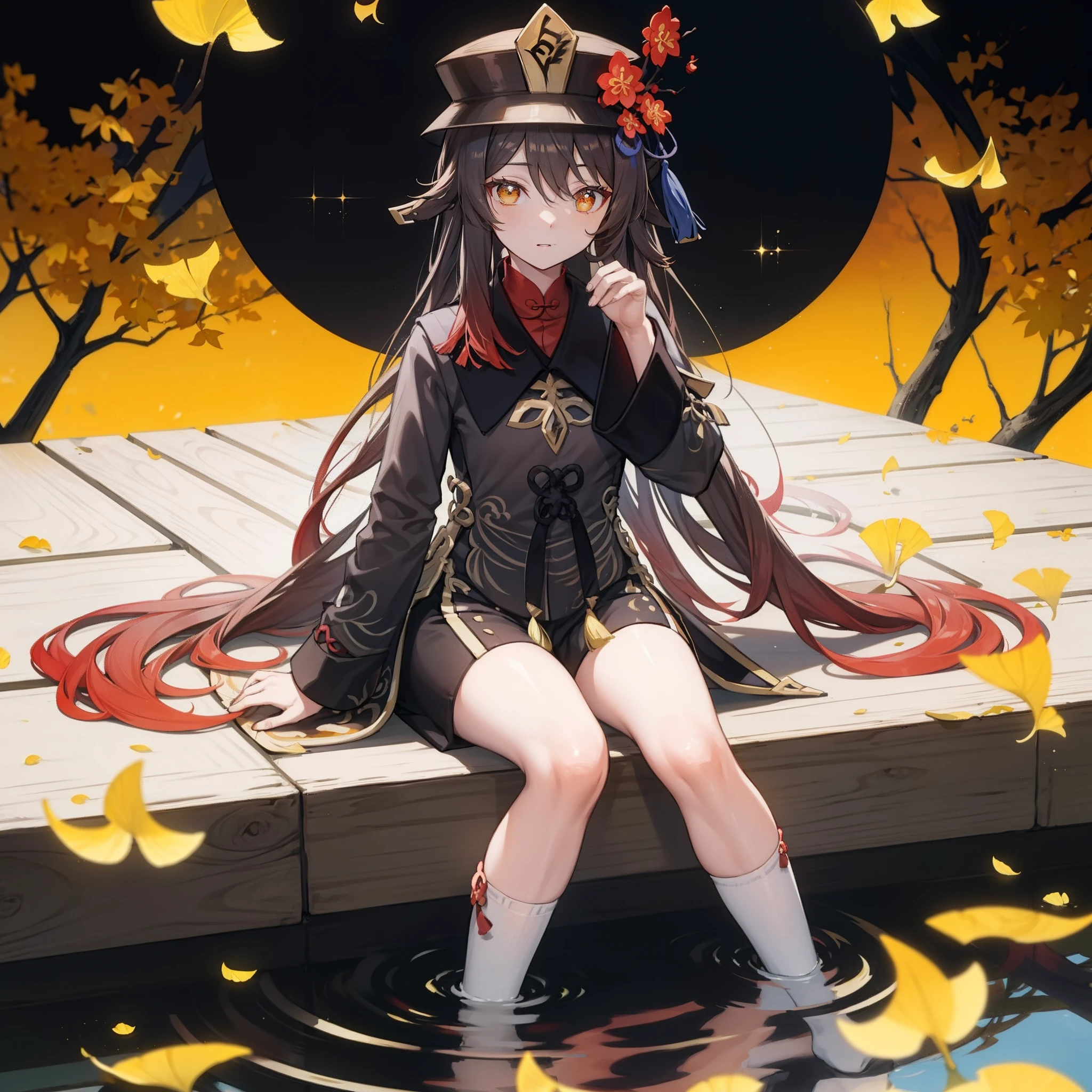 yellow Chinese ginkgo biloba leaves pattern white background, Hu tao from genshin impact, casual outfit, facing sideway, sitting, circle in the middle, long hair, water reflection,