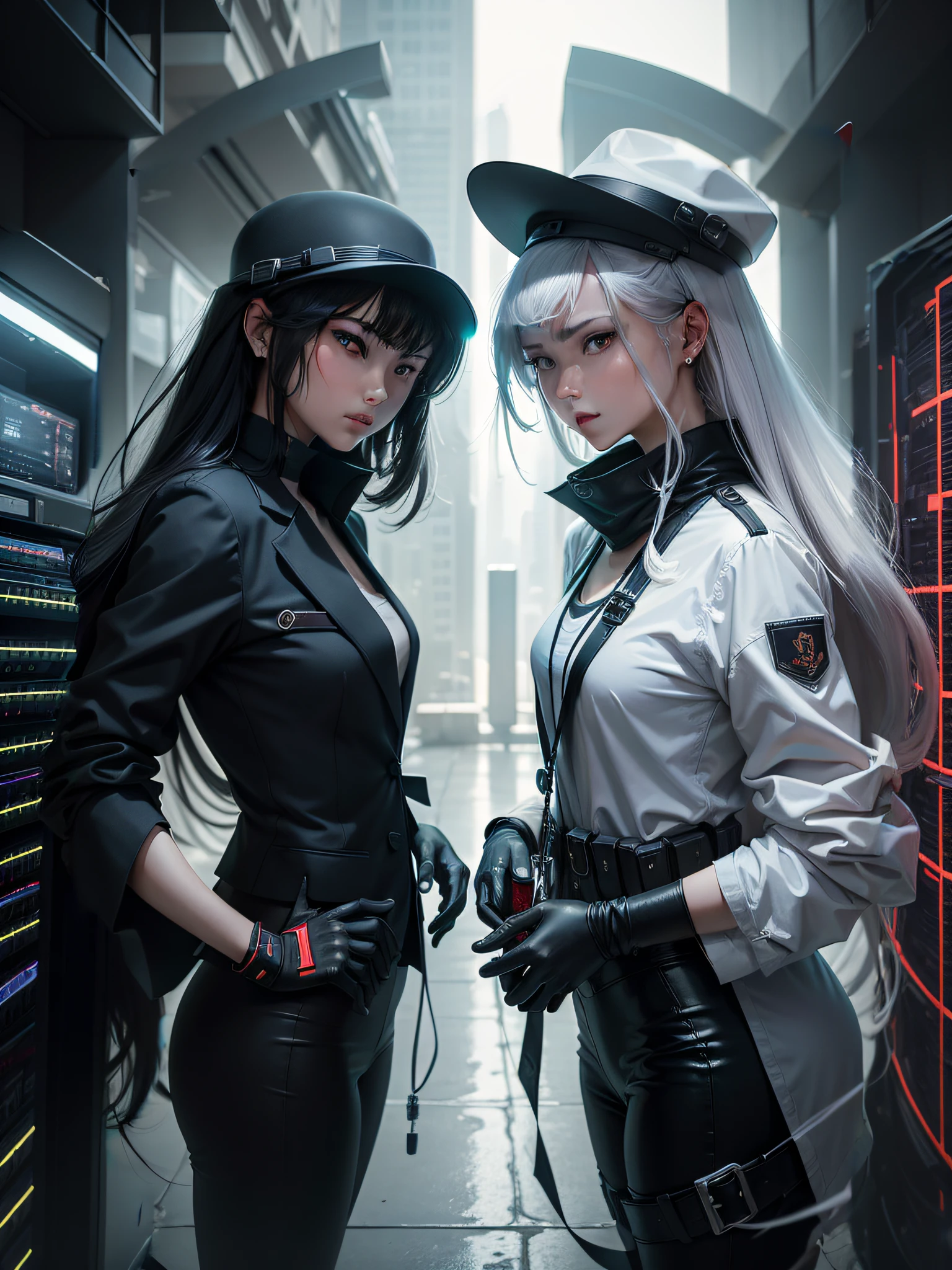 A work of art featuring two female information security engineers facing off, A man wearing a black hat engaged in cyber sabotage, The other wears a white hat agent suit focused on cybersecurity maintenance. Emphasize the dual nature of their common occupation,Behind them are various cables and servers