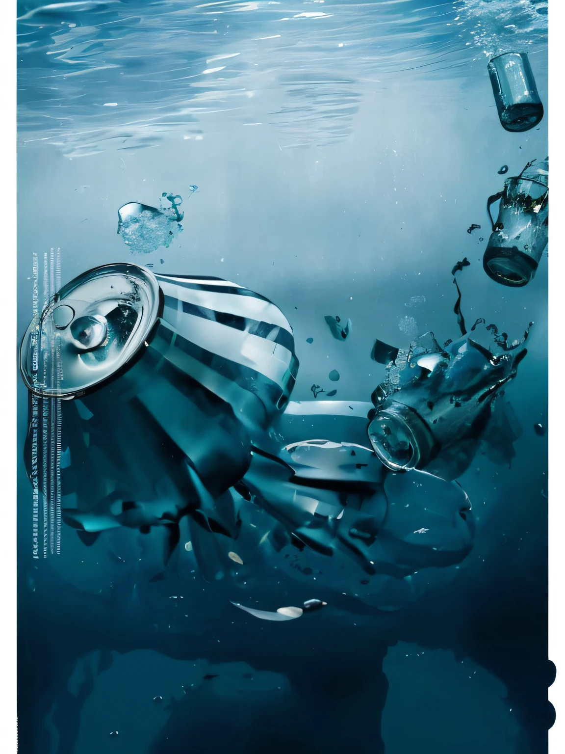 Close-up of a bottle of soda floating in water, photorealistic magazine picture, junk, plastic waste, submerged to waste, Deep sea pictures, Commercial illustration, garbage, junk, under water visual distortion, hyperrealistic digital art, editorial photo from magazine, garbage plastic,hyperrealistic picture, Cans