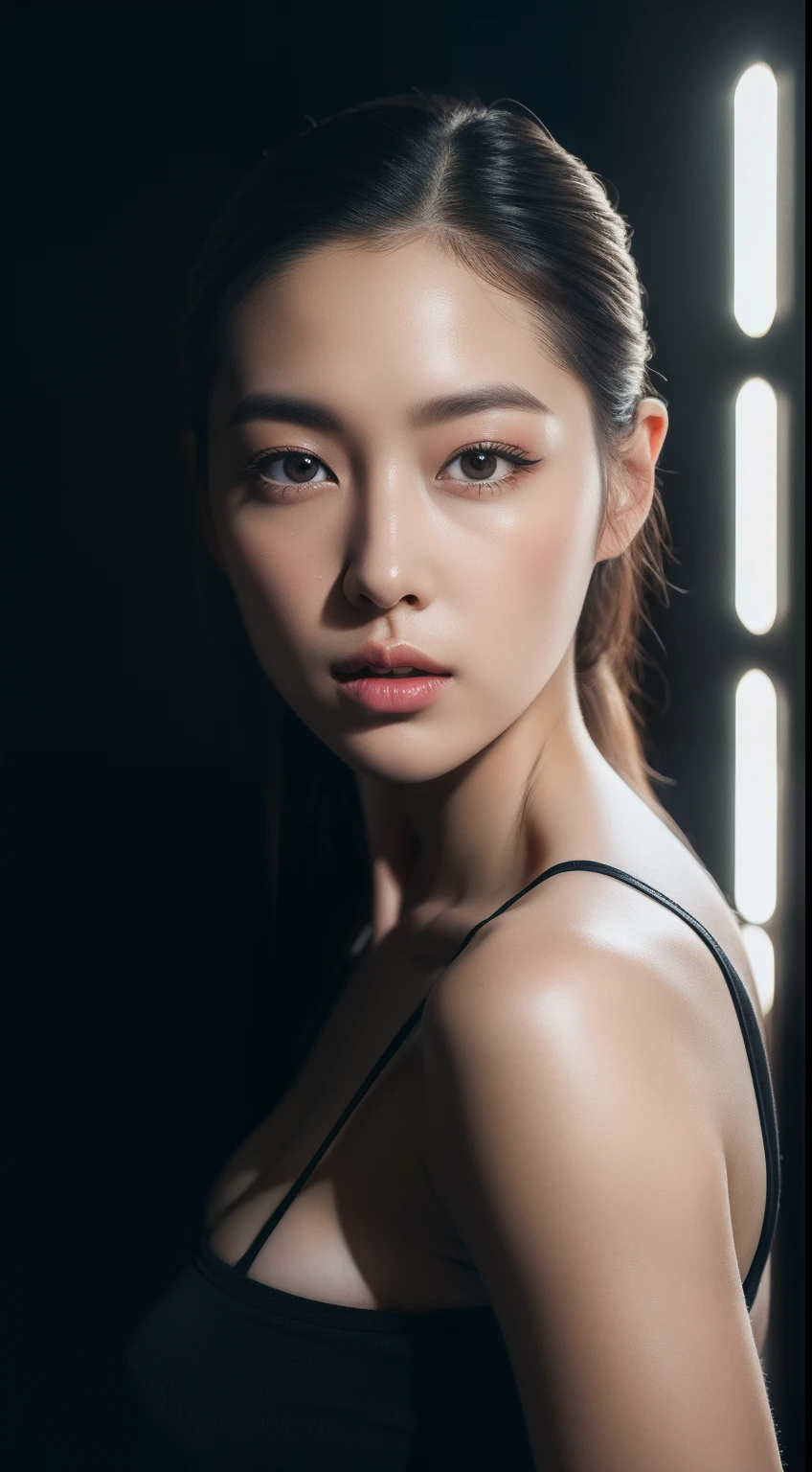 realistic photos of 1 cute Korean star, long hair slicked back, white skin, thin makeup, 32 inch breasts size, wearing black tank top, shorts, in the cinema, close-up portrait, Hyperrealism, UHD