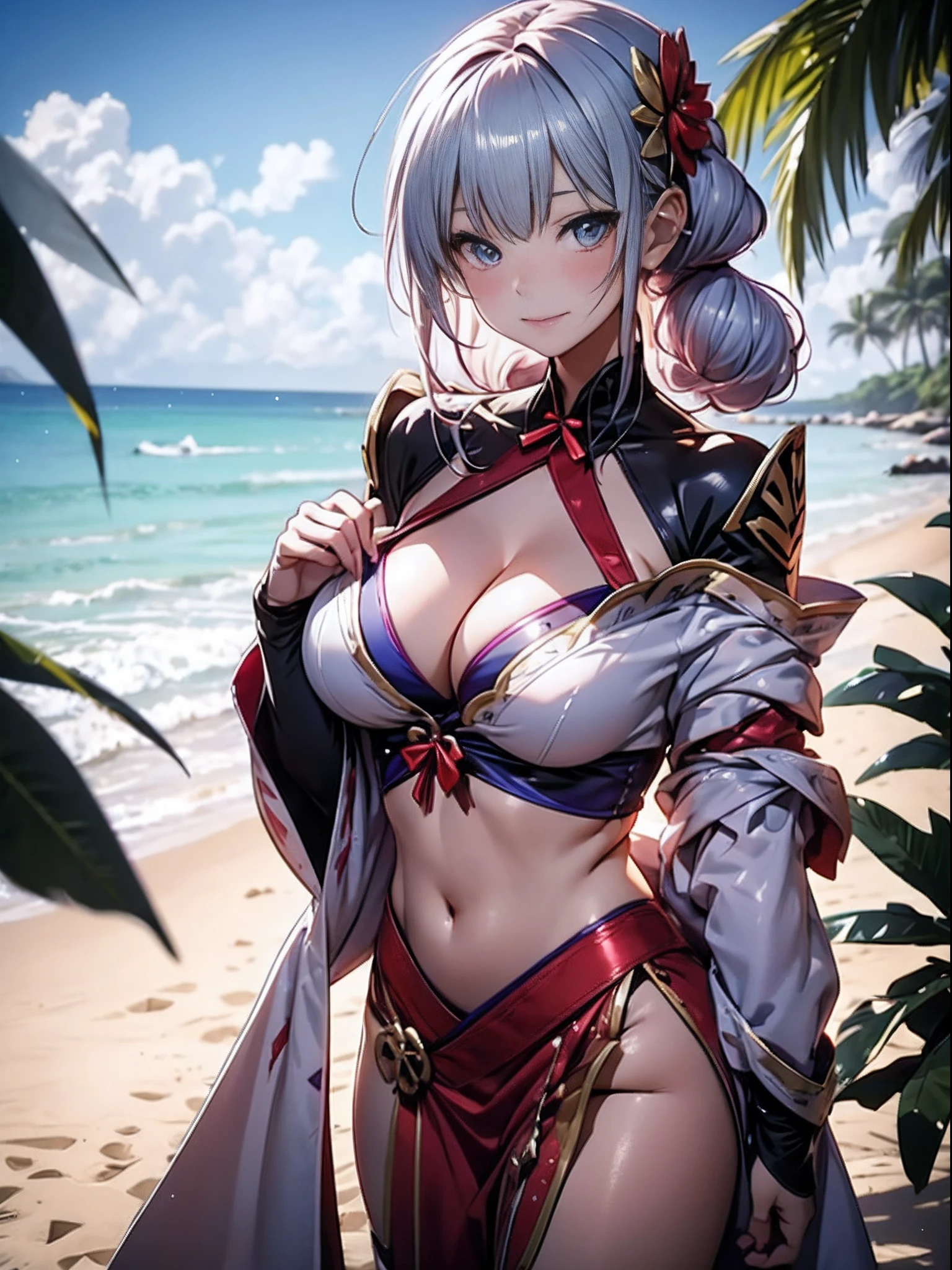 A woman in a bikini poses for a photo on the beach, seductive anime girls, beautiful and seductive anime woman, Guviz-style artwork, Perfect white haired girl, Guviz, Beautiful anime girl, ross tran. scenery background, in beach, Beautiful anime woman, trending on artstation pixiv, Extremely detailed Artgerm, Beautiful anime,Extra-large big breasts,Blush,Pull the knife in the chest,