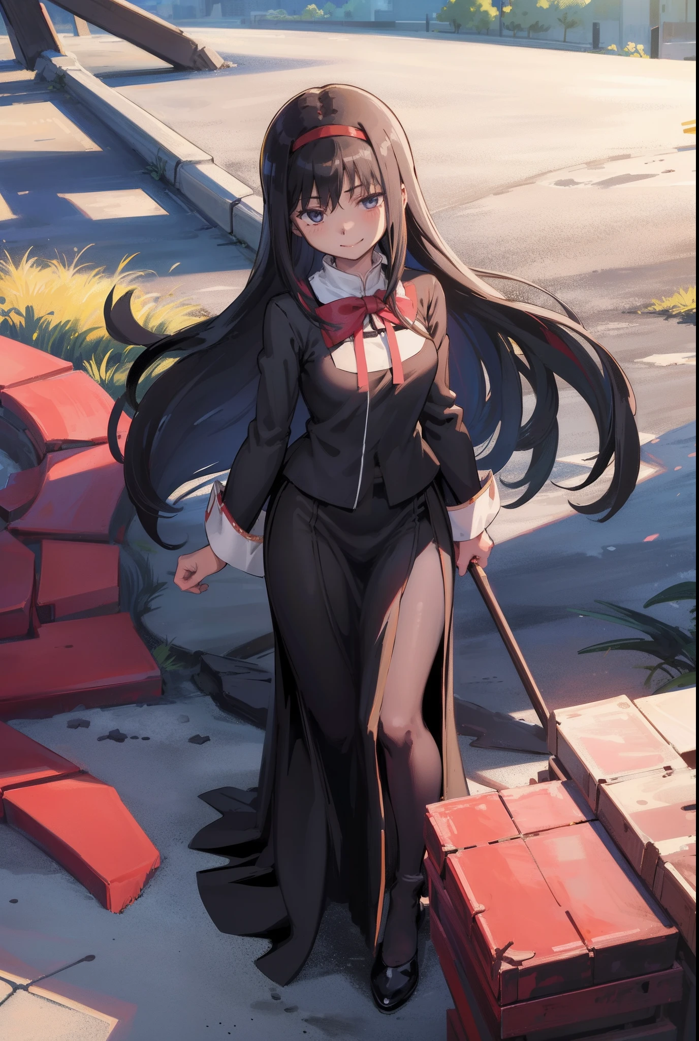 1girl, solo, homura, park background, ,hime cut,long hair, , sunlight, sunday, day,, (masterpiece:1.2), (best quality:1.15), extremely detailed,1girl, solo, homuramagica, long hair, pantyhose,, long dress, priestess, blackcloths, black veils, gothic, long skirt, black robe, religious, standing, full body, medium breast, mature woman, tallgirl, standing,smile, church