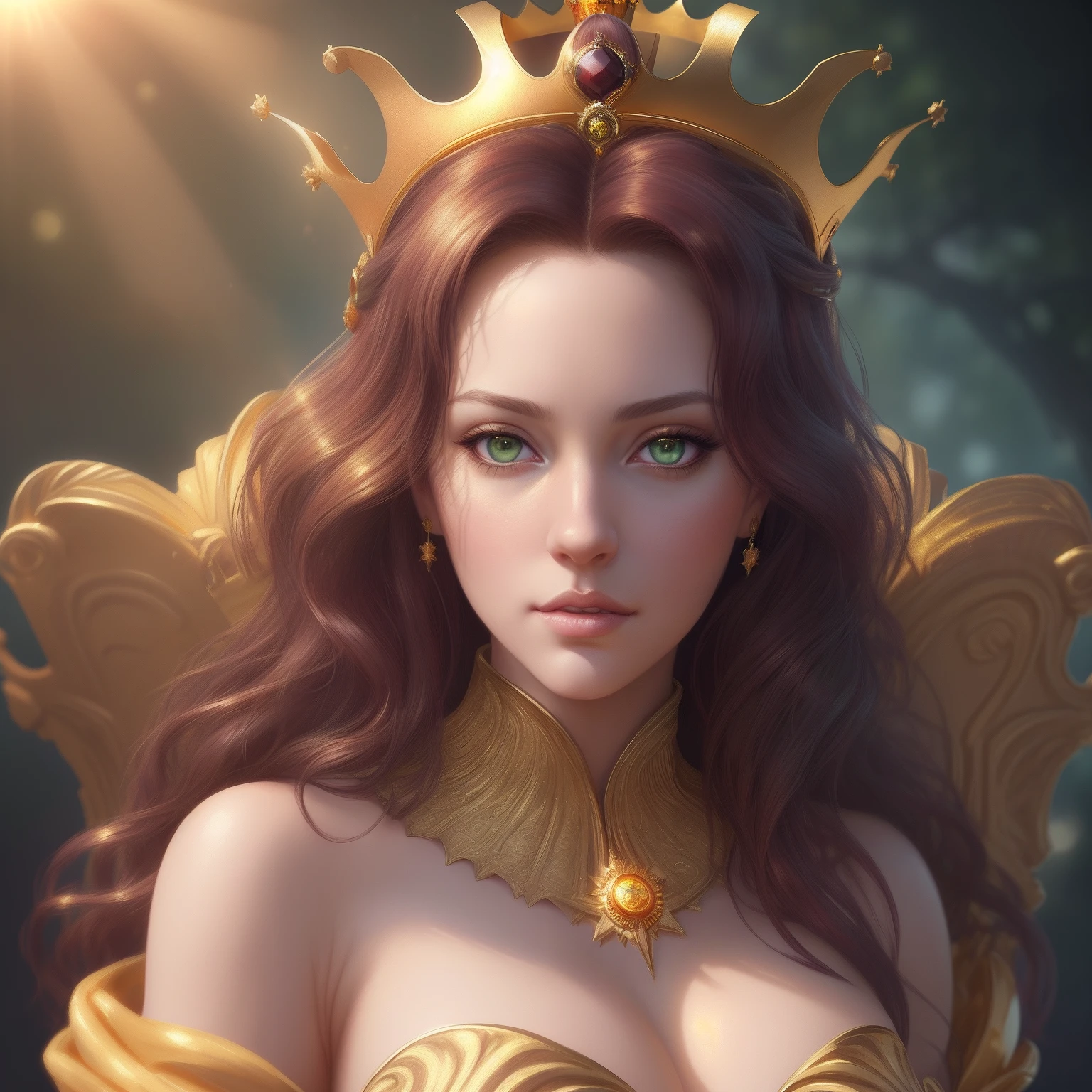 Realistic queen posing for a photo, looking at camera,(wavy burgundy hair), (light green eyes), hair with many details, beautiful sensual neckline, medium breasts, 8k artgerm bokeh, fanart best artstation, render photorealistic girl, guweiz-style art, inspired by WLOP, ig model | artgerm, detailed portrait of realistic girl, stunning portrait of realistic face, beautiful portrait, deviantart artstation cgscosiety, ((sun goddess with crown in gold gown))