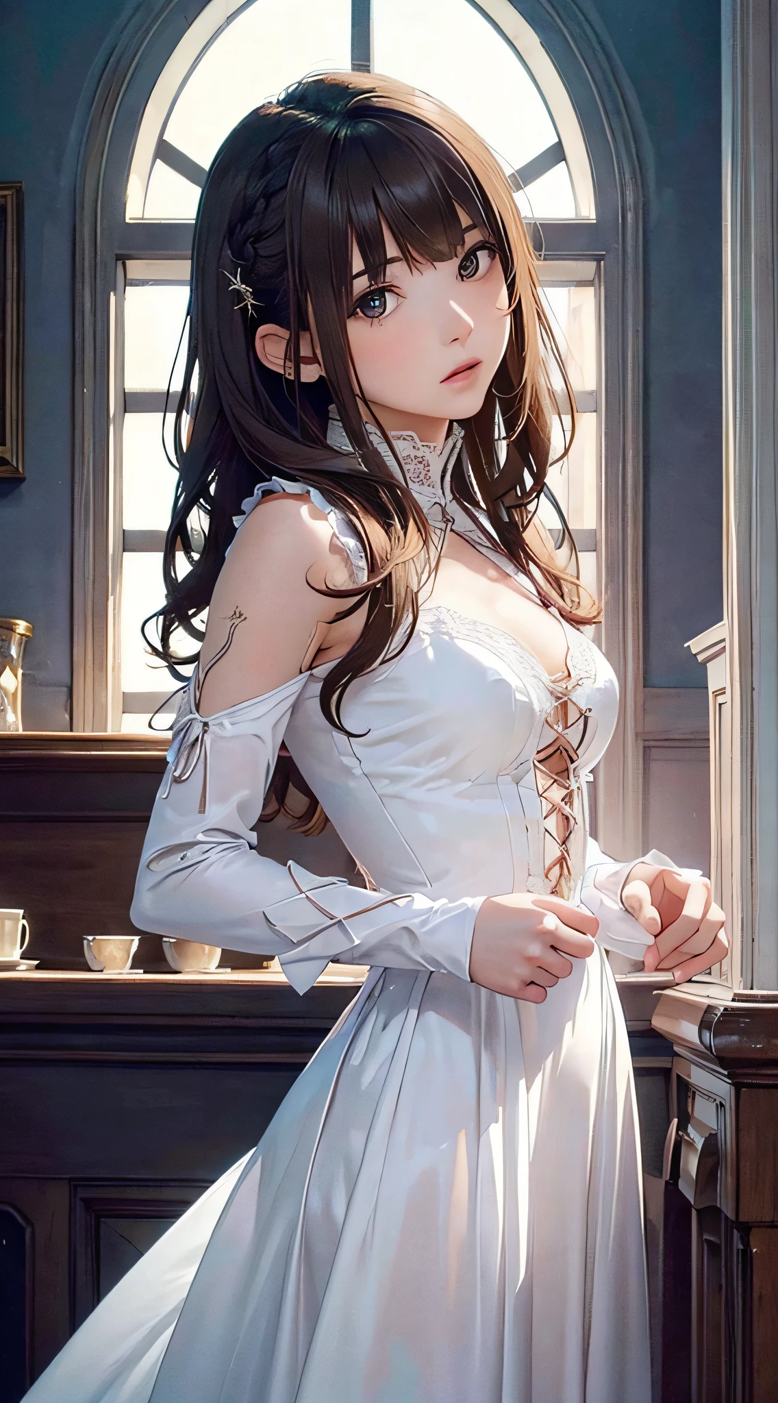 (1girl:1.3), cinematic light, solo, breasts, Lace-Up Bodice Dress, silky long hair, (brown) hair, (masterpiece, top quality, best quality, official art, beautiful and aesthetic:1.3), extreme detailed,highest detailed,(ultra-detailed),((an extremely delicate and beautiful)),starry sky,from below
