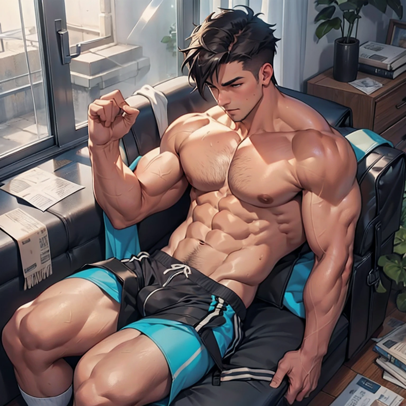 Libido boy,Translucent thong,large pecs,Big bag,Wear white cotton socks,Half recumbent,CG sense,Muscle gay men,Exposed abs,Muscular,Panties lust,,tmasterpiece