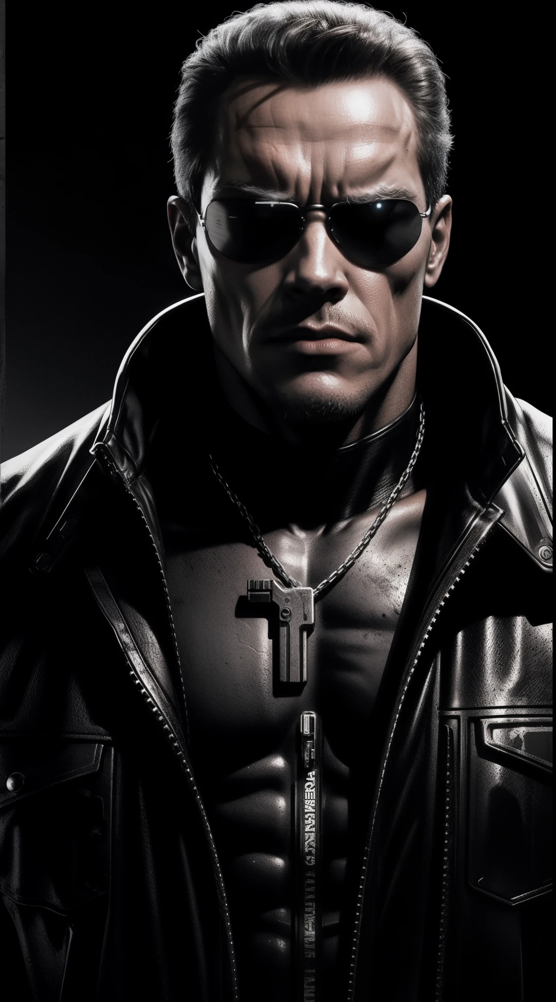 Terminator movie poster, modelo T800, black and white photograph, metal gris, fondo negro oscuro, No bright or warm colors, sin colores, Dark night design, Bleak world.