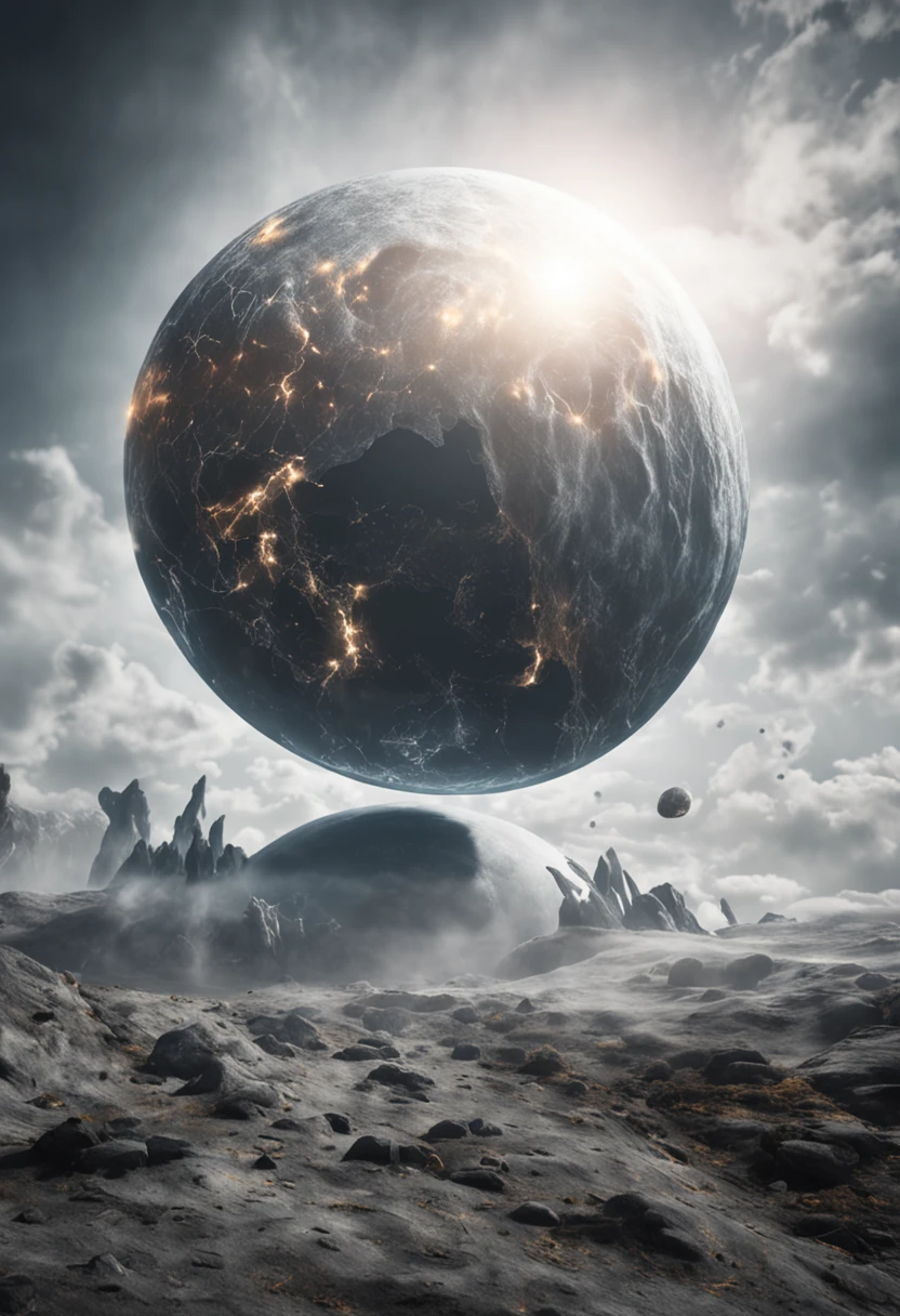 White and yellow strange planet in the darkness of universe, high definition, studio photo ilumination, grey brightness details, 3d, 4d, realistic style, cinematografic effects, with lightning bolts, energy atmosphere, plasma details