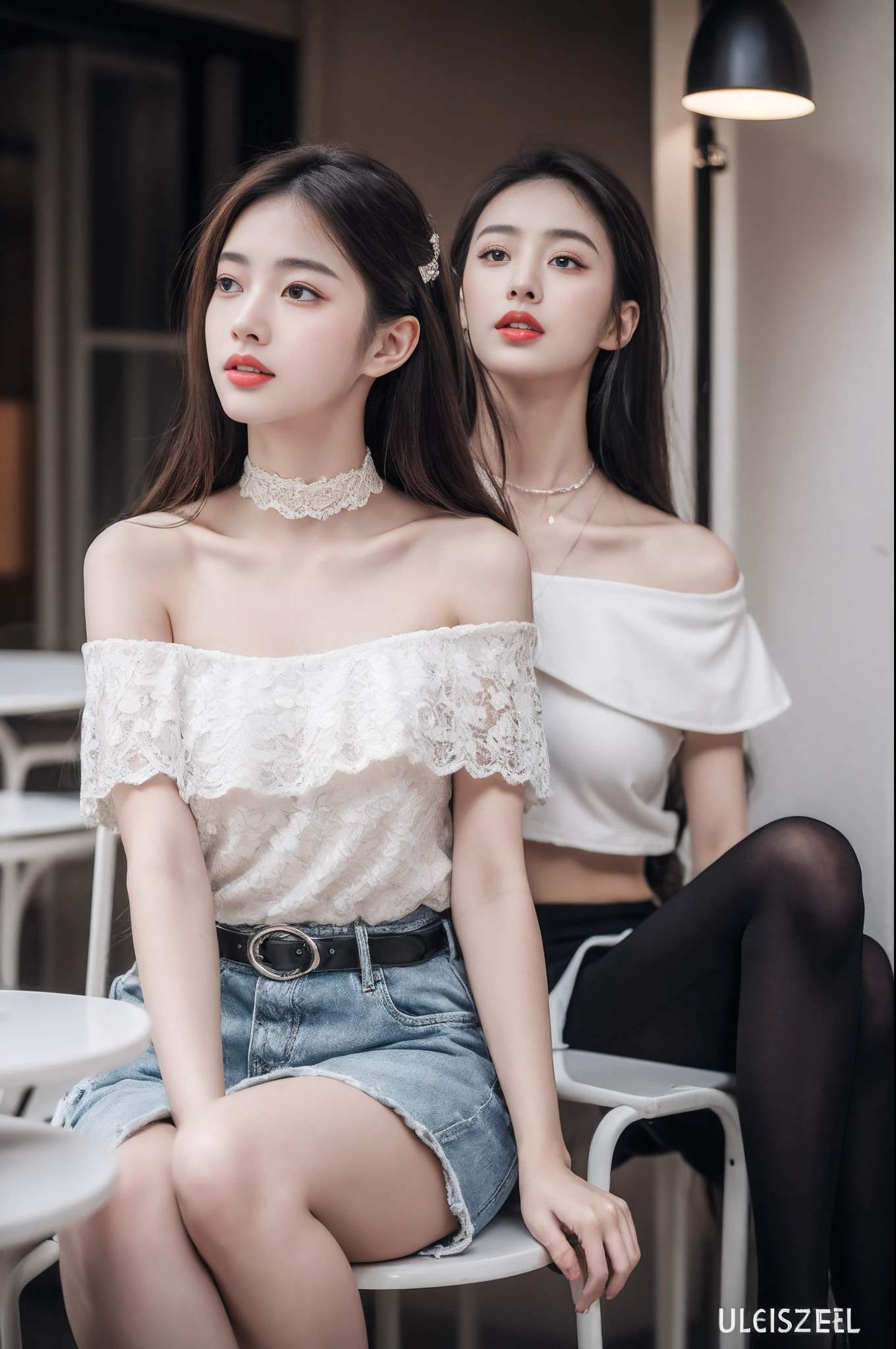 front angle, (8k, best quality, masterpiece:1.2), (realistic, photo-realistic:1.37), ultra-detailed, 1 girl, looking at viewer, beautiful detailed sky, detailed cafe street, sitting, full_body, small head, intricate choker, pretty legs:1.2, long legs:1.2, slim legs, high heels:1.3, white socks:1.4, medium breasts, high-waist, narrow waist, off-shoulder, belt, short bottoms, beautiful detailed eyes, daytime, warm tone, white lace, (long hair:1.4), silver medium hair, white skin, cinematic light, street light, (tea table:1), (hand bag:1), ulzzang-6500-v1.1:0.66