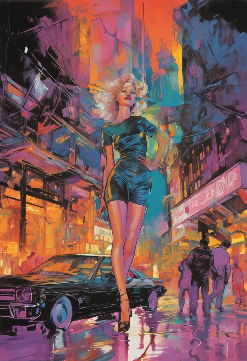 Vintage 90's anime style environmental wide shot of a chaotic arcade at night; a woman wearing streetwear; by Hajime Sorayama, Greg Tocchini, Virgil Finlay, sci-fi. line art. Environmental arcade art.