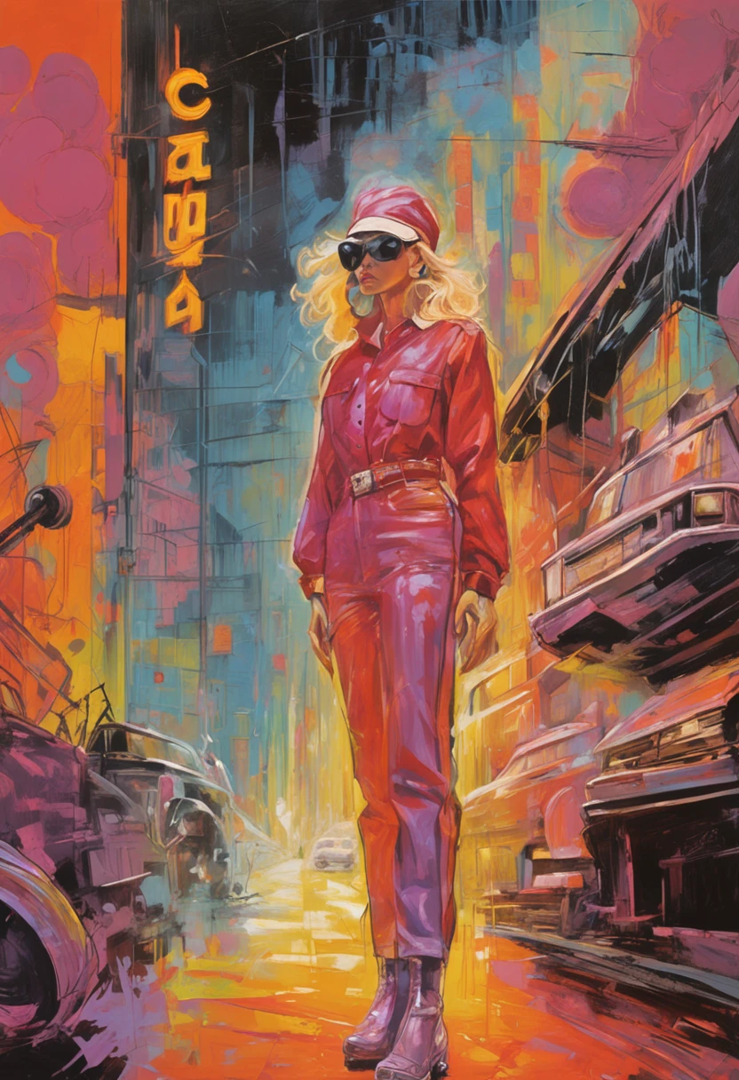 Vintage 90's anime style environmental wide shot of a chaotic arcade at night; a woman wearing streetwear; by Hajime Sorayama, Greg Tocchini, Virgil Finlay, sci-fi. line art. Environmental arcade art.