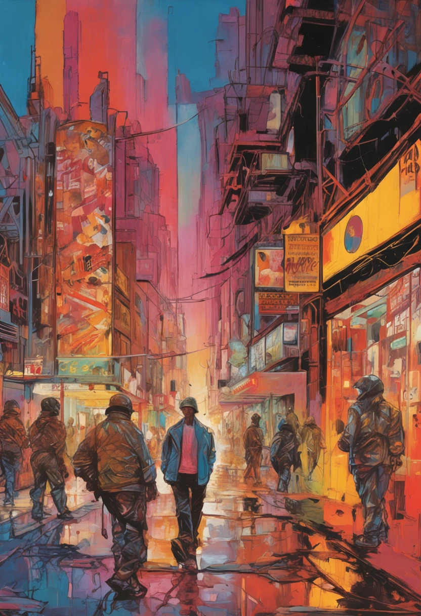 Vintage 90's anime style environmental wide shot of a chaotic arcade at night; a woman wearing streetwear; by Hajime Sorayama, Greg Tocchini, Virgil Finlay, sci-fi. line art. Environmental arcade art.