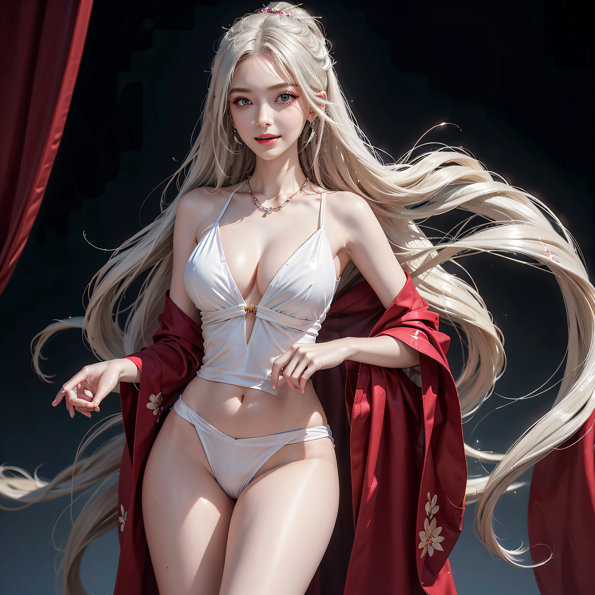 CG unity ((extreme) detail 8k wallpaper, masterpiece, best quality:1.2), High detail, Best image quality, A angel with white long hair, Peerless beauty, long hair, Exquisite and perfect facial features, Be red in the face, sexy body, full body, perfect body beauty, slim waist, big butt, big ass, thin beautiful thighs, beautiful thin legs, very detailed facial and skin structure, harmonious facial details, happy face, happy smile, fair skin, big eyes, dark red eyeballs, glittery eyes, soulful eyes, pretty eyes, Double eyelid, hair decoration, earrings, Necklace, angel suit, large cloud