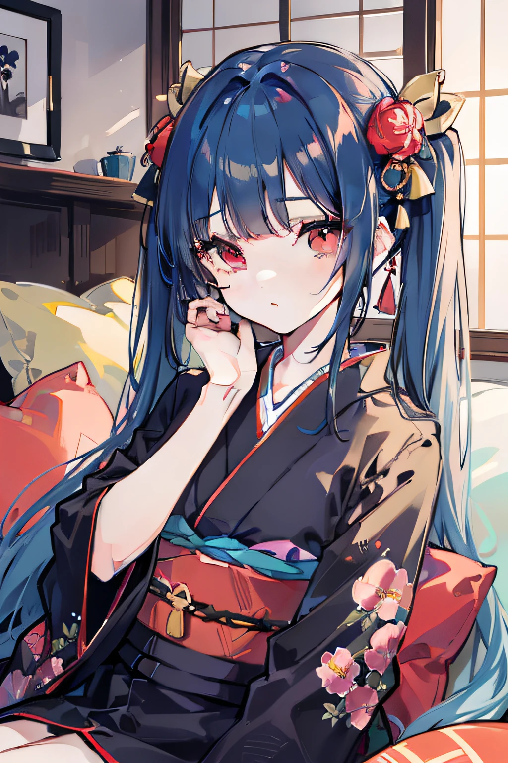 masterpiece, best quality, 1girl, long hair, (blue hair), very long hair, twintail, red eyes, round eyes, expressionless, ((black kimono)), floral pattern kimono, ((sitting on the cushion)), in the shrine, in the wooden building, japanese room, Put both hands on one's knees, (((detail face)))