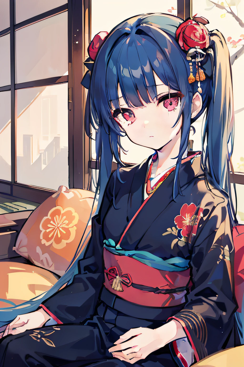 masterpiece, best quality, 1girl, long hair, (blue hair), very long hair, twintail, red eyes, round eyes, expressionless, ((black kimono)), floral pattern kimono, ((sitting on the cushion)), in the shrine, in the wooden building, japanese room, Put both hands on one's knees, (((detail face)))