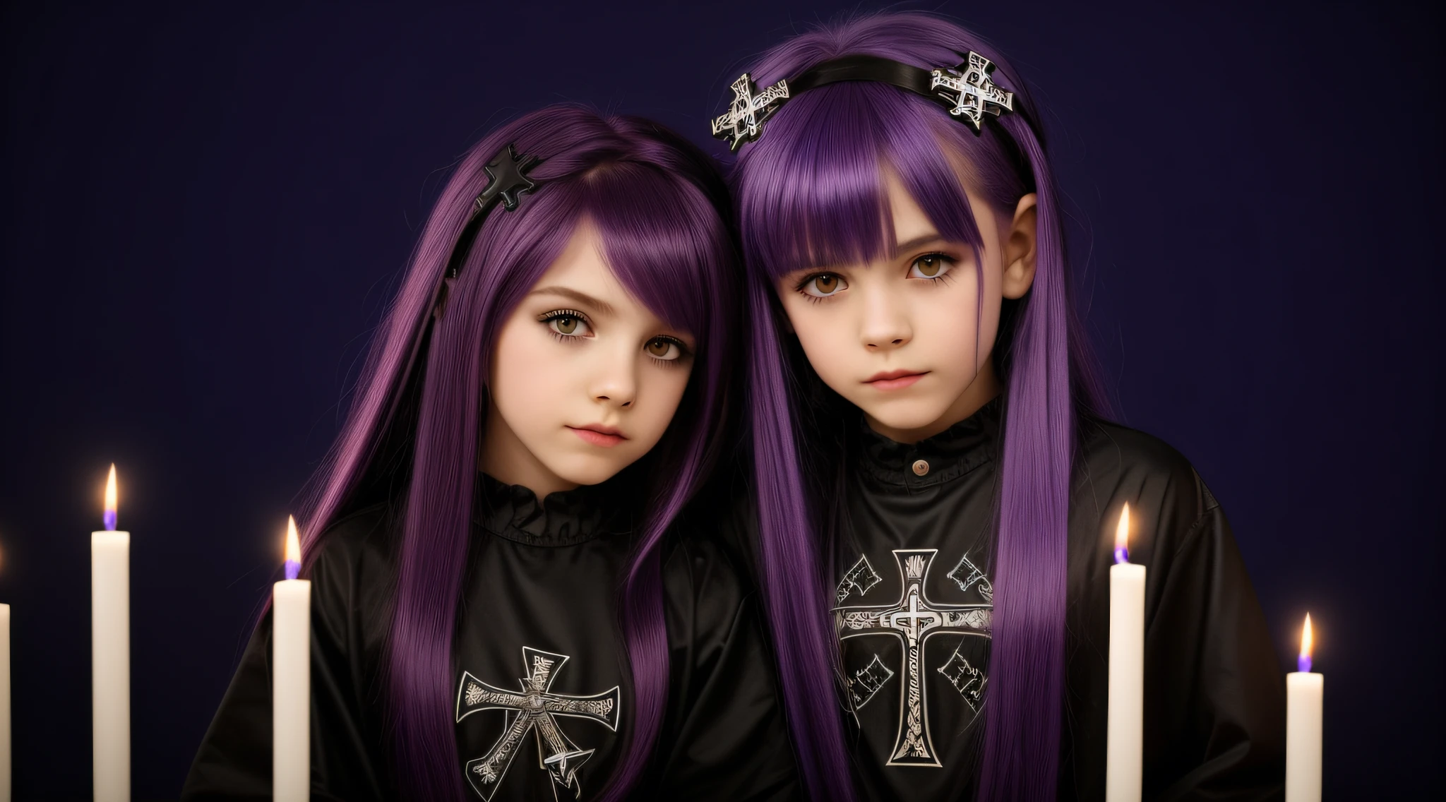 PURPLE HAIR CABELO LONGO, Gothic cross, cruz, CROSSES WITH LIT CANDLES in hand