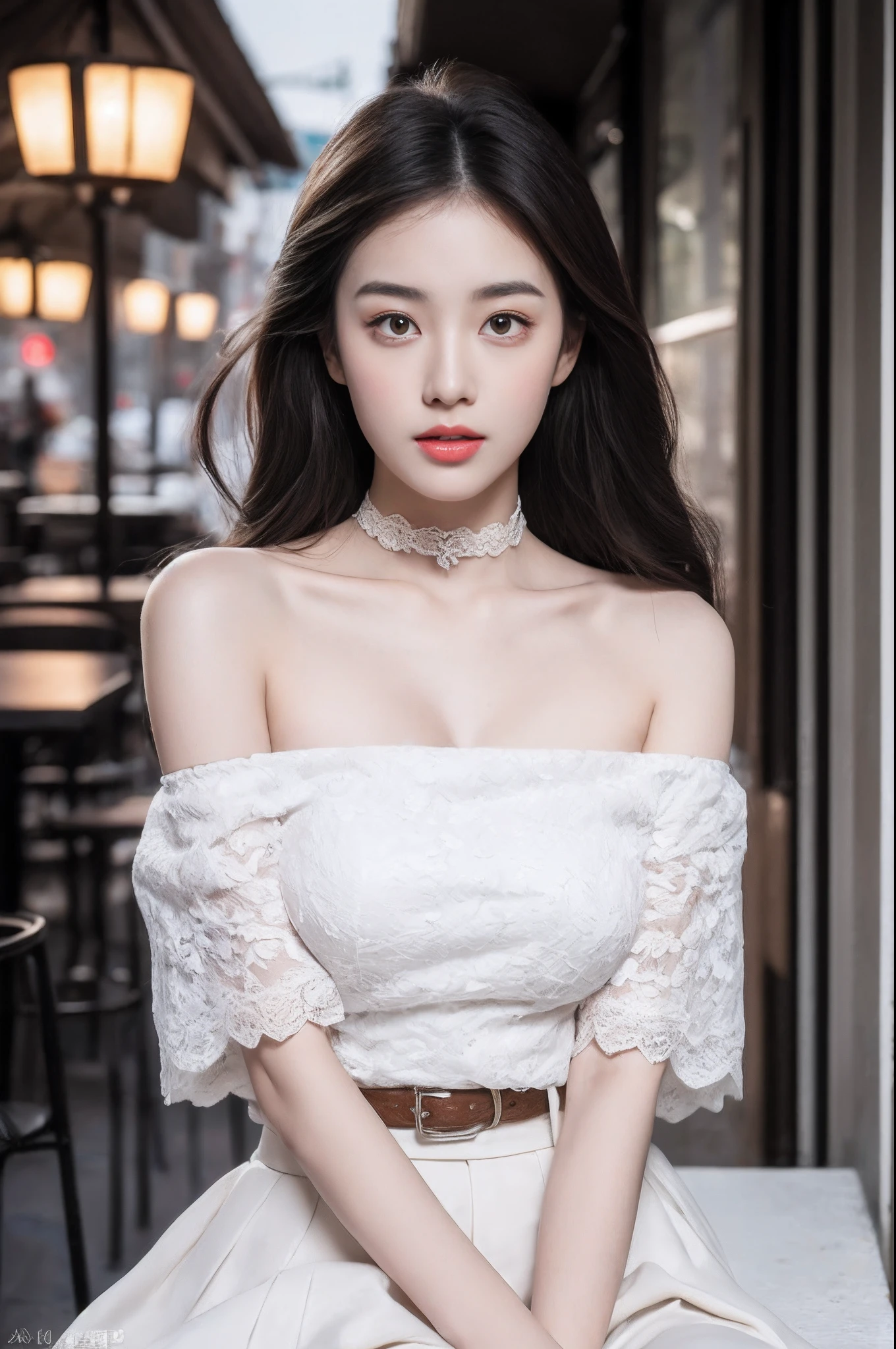 (best quality,4k,8k,highres,masterpiece:1.2),ultra-detailed,(realistic,photorealistic,photo-realistic:1.37),Medium Butterfly cut hair color gray,Oval face,white flawless fur,Round eyes color amber,bottom nose,round full lips,douyin makeup palette color brows,long lashes,dog furry girl,croptop black,jean skirt with Doubles,pearl necklace,hand warmer,Dog ears,Dog tail,Hourglass body