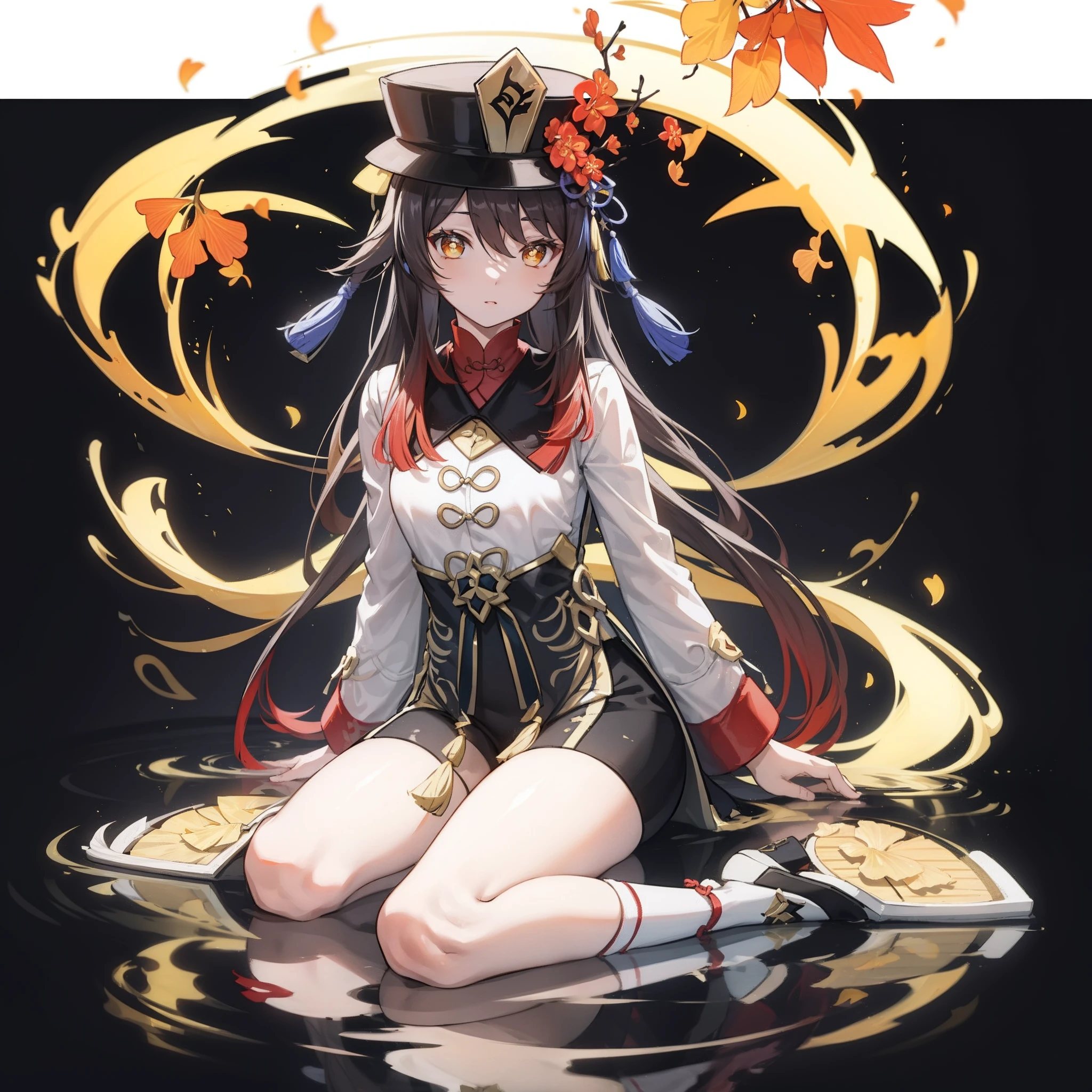 yellow Chinese ginkgo biloba leaves pattern white background, Hu tao from genshin impact, casual outfit, facing sideway, sitting, circle in the middle, long hair, water reflection,