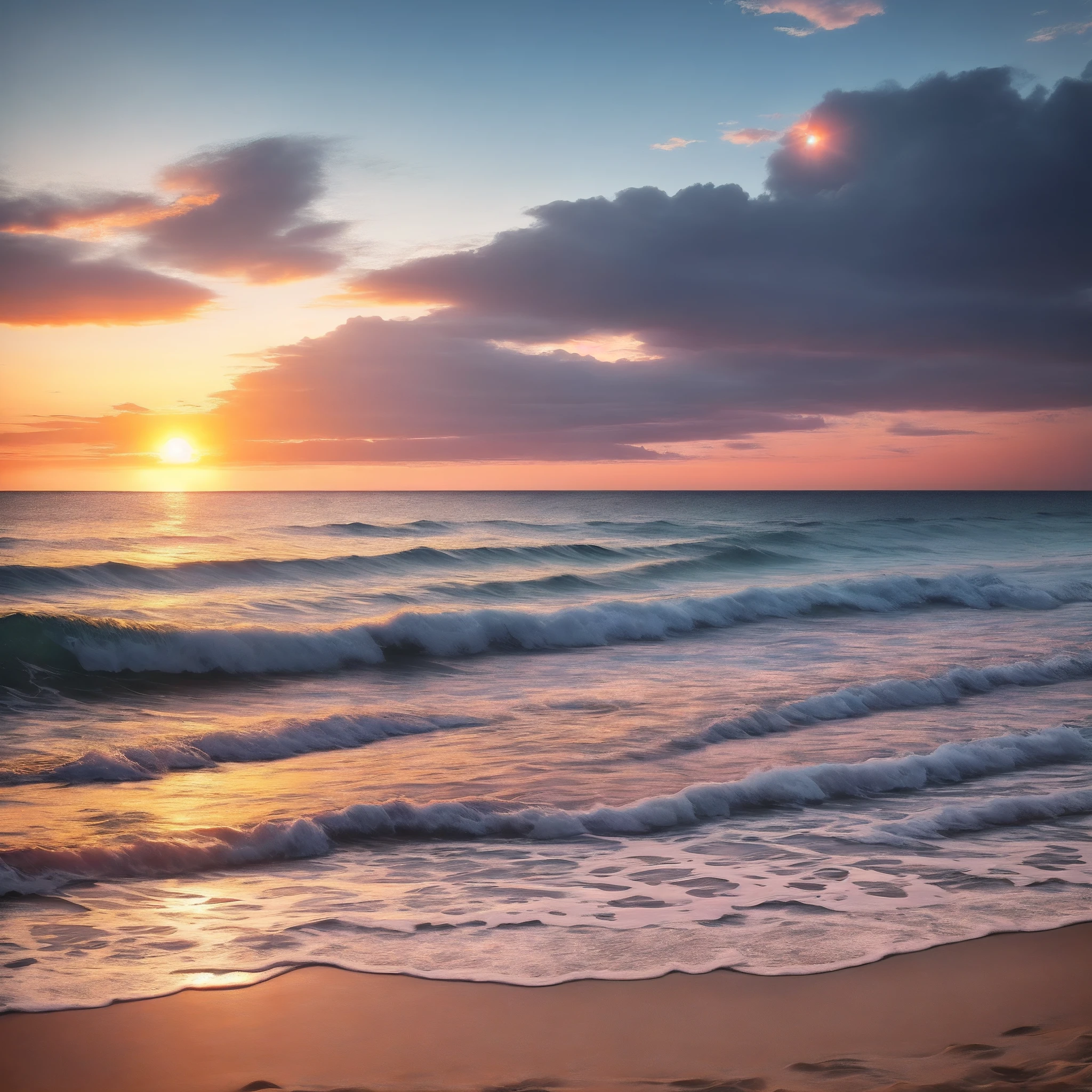 Sunset on the beach, sharp, realistic, high graphics, sky with clouds, the sun through the clouds, a heart-shaped cloud surrounding the sun, yellow and blue, clear sea water.