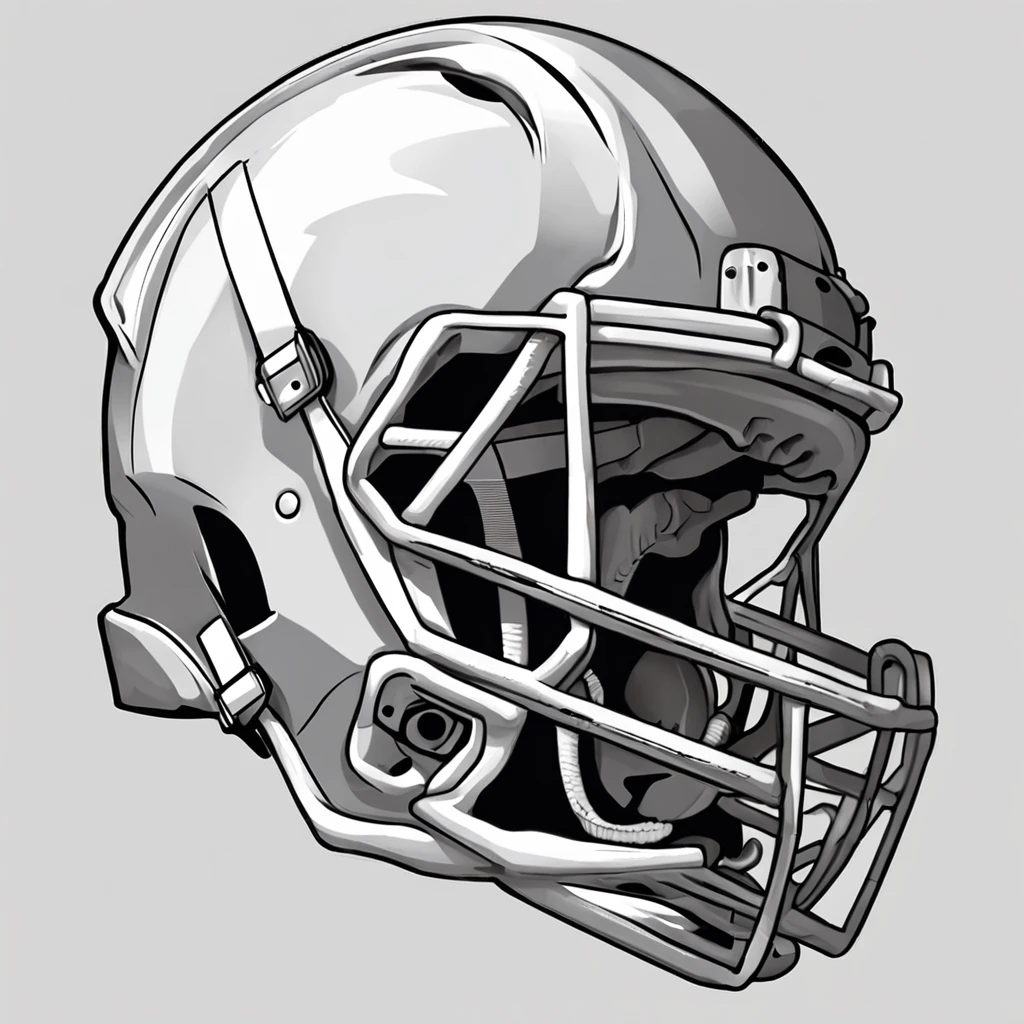 A human skull wearing a plain gray football helmet, side profile, white background