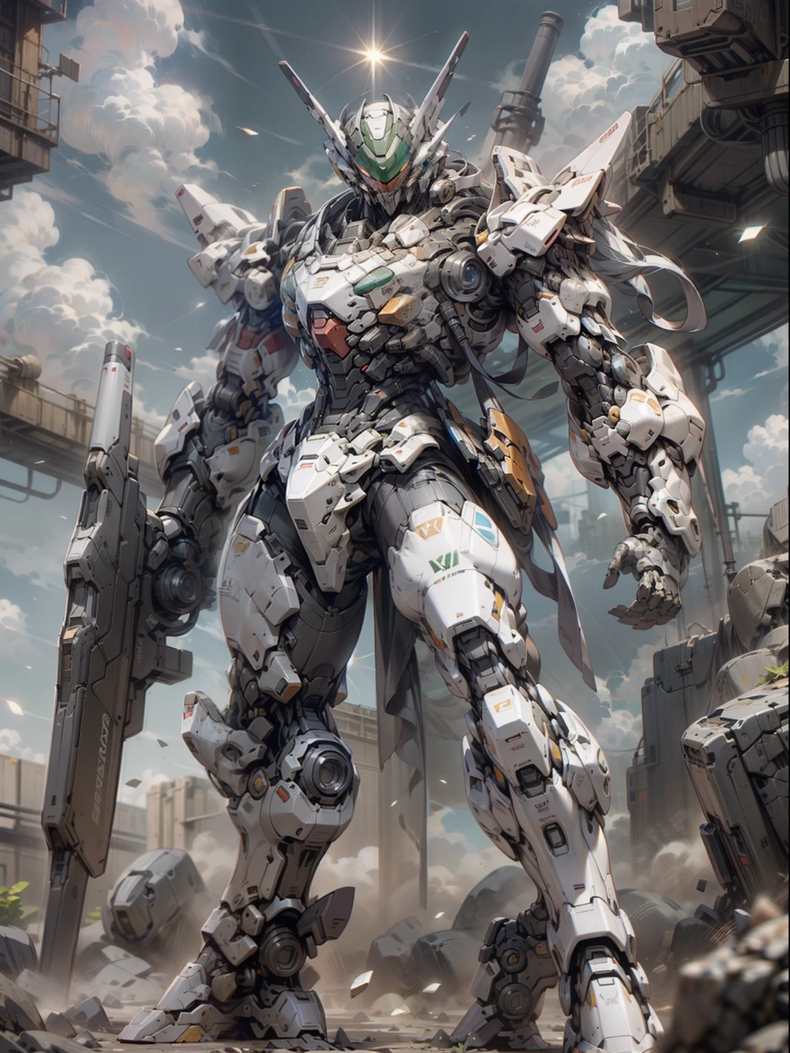 Best Quality)), ((Master Works)), (Very detailed: 1.3), 8K, cool painting, full of sci-fi atmosphere, wandering wilderness hunter in the desert, streamlined black armor, complex weapons and equipment behind it, Gundam humanoid mech, anime mecha aesthetics, perfect body proportions, heads-up view, standing posture, military giant mech, missiles, rocks, futuristic technology, realism, dark clouds in the sky, dark war background, ray tracing, light particles, nvidia Trtx, super resolution, Unreal 5, Subsurface Scattering, Specular and Albedo Maps, Rule of Thirds, Large Aperture, Battle Stance, 8K Raw Data, High Efficiency Subpixels, Subpixel Convolution, Light Particles, Light Scattering, Tyndall Effect, Ray Tracing.