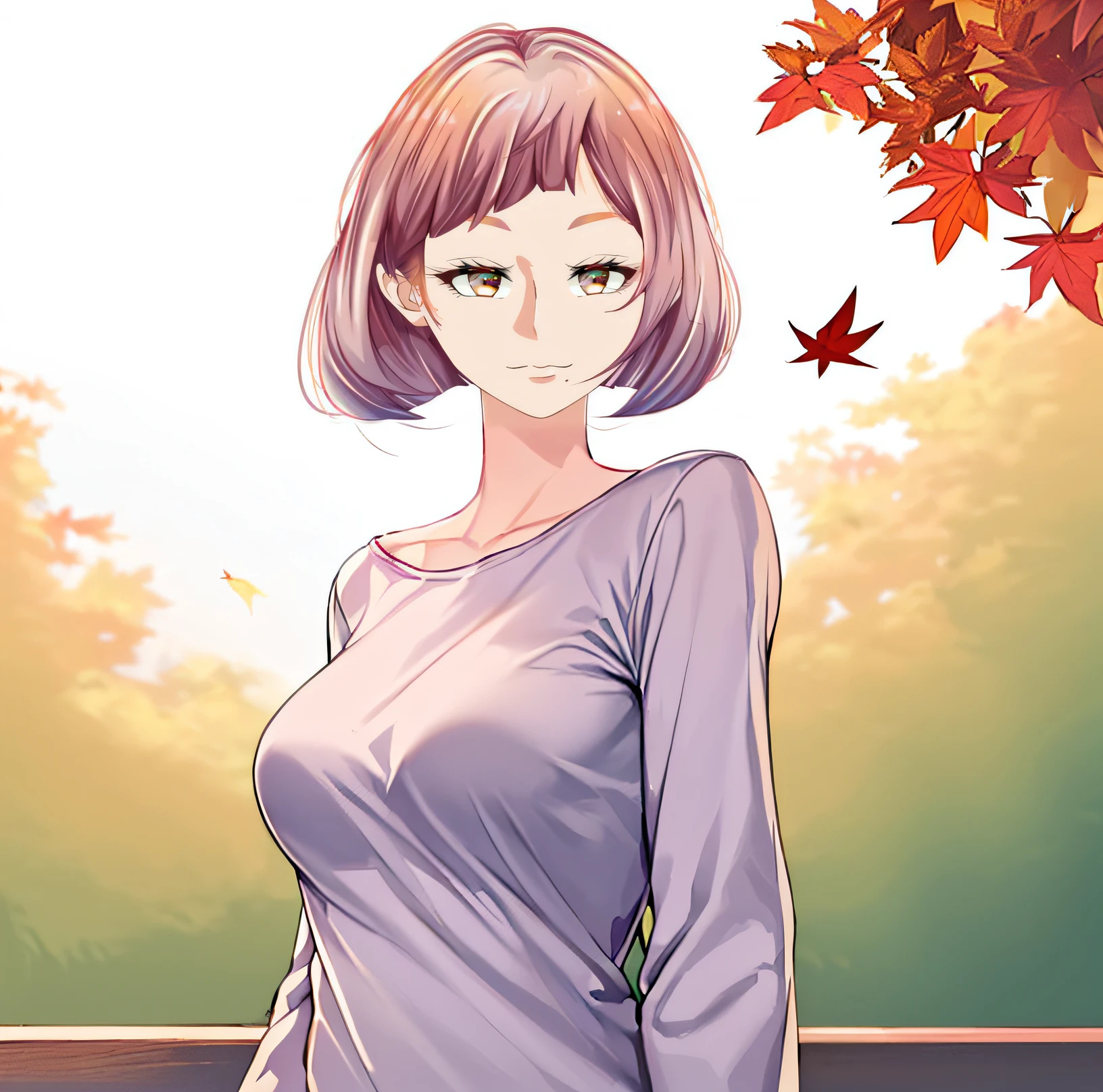 (((masterpiece))), (((best quality))), ((ultra-detailed)), (highly detailed CG illustration), ((an extremely delicate and beautiful)),((Soft off-white with a hint of lavender t-shirt:1.5)), ((plain t-shirt:1.5)),(long sleeves:1.5),(Casual T-shirt),(From a slight side angle), (The side of one arm is visible),(very loose T-shirt:1.2), (plain t-shirt), ((upper body:1.5)),portrait of an anime girl, t-shirt,1girl, solo,(Autumn leaf bronze eyes:1.5), (short hair),(Rose and light orange, purple hair), looking at viewer,smiling,bad-girl,mature female, anime girl with long hair, ((medium breasts:1.5))