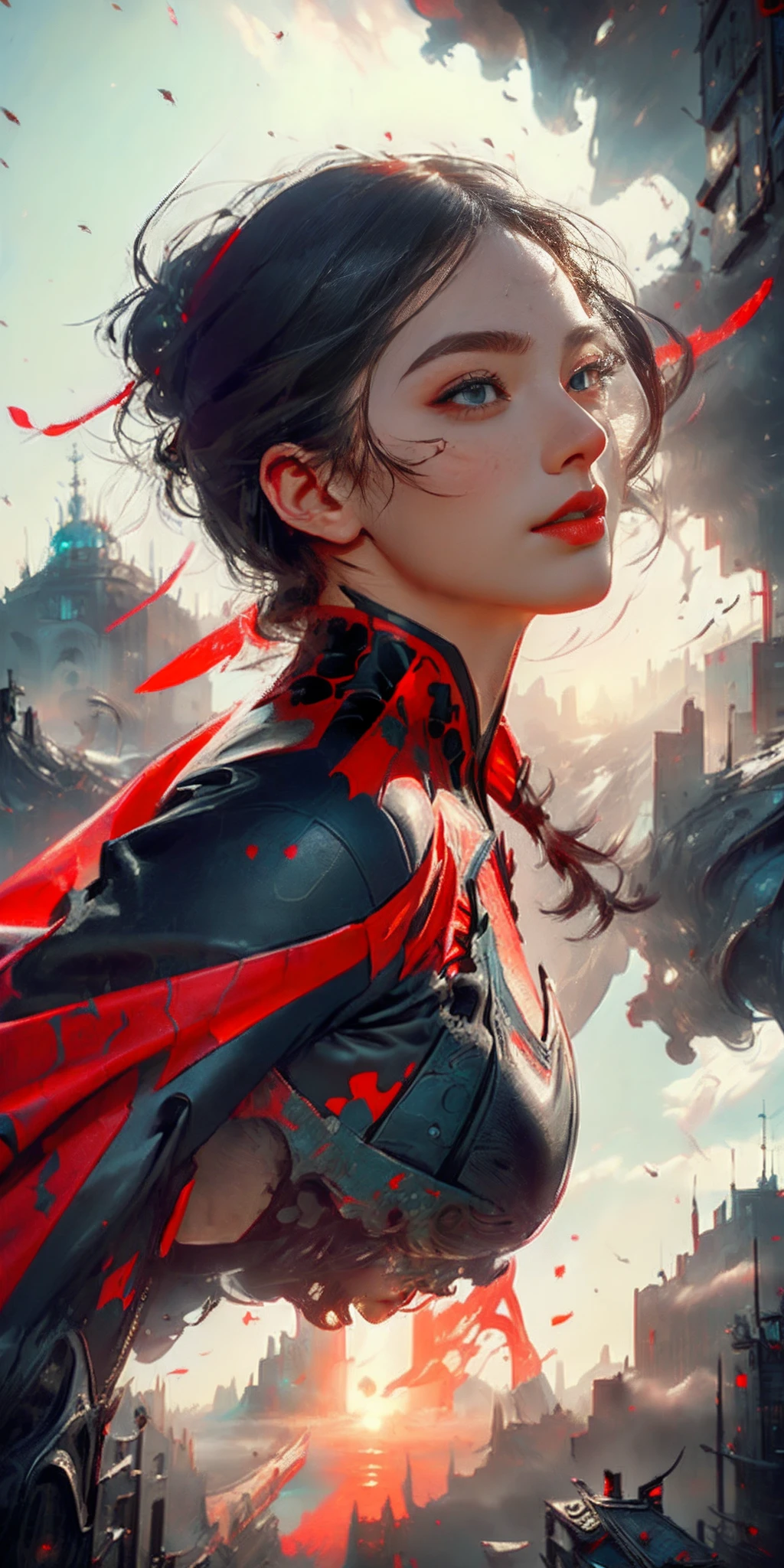 (1girl:1.3), Solo, (((Very detailed face)))), ((Very detailed eyes and face)))), Beautiful detail eyes, Body parts__, Official art, Unified 8k wallpaper, Super detailed, beautiful and beautiful, beautiful, masterpiece, best quality, original, masterpiece, super fine photo, best quality, super high resolution, realistic realism, sunlight, full body portrait, amazing beauty, dynamic pose, delicate face, vibrant eyes, (from the front), She wears Spider-Man suit, red and black color scheme, spider, very detailed city roof background, rooftop, overlooking the city, detailed face, detailed complex busy background, messy, gorgeous, milky white, highly detailed skin, realistic skin details, visible pores, clear focus, volumetric fog, 8k uhd, DSLR, high quality, film grain, fair skin, photo realism, lomography, futuristic dystopian megalopolis, translucent