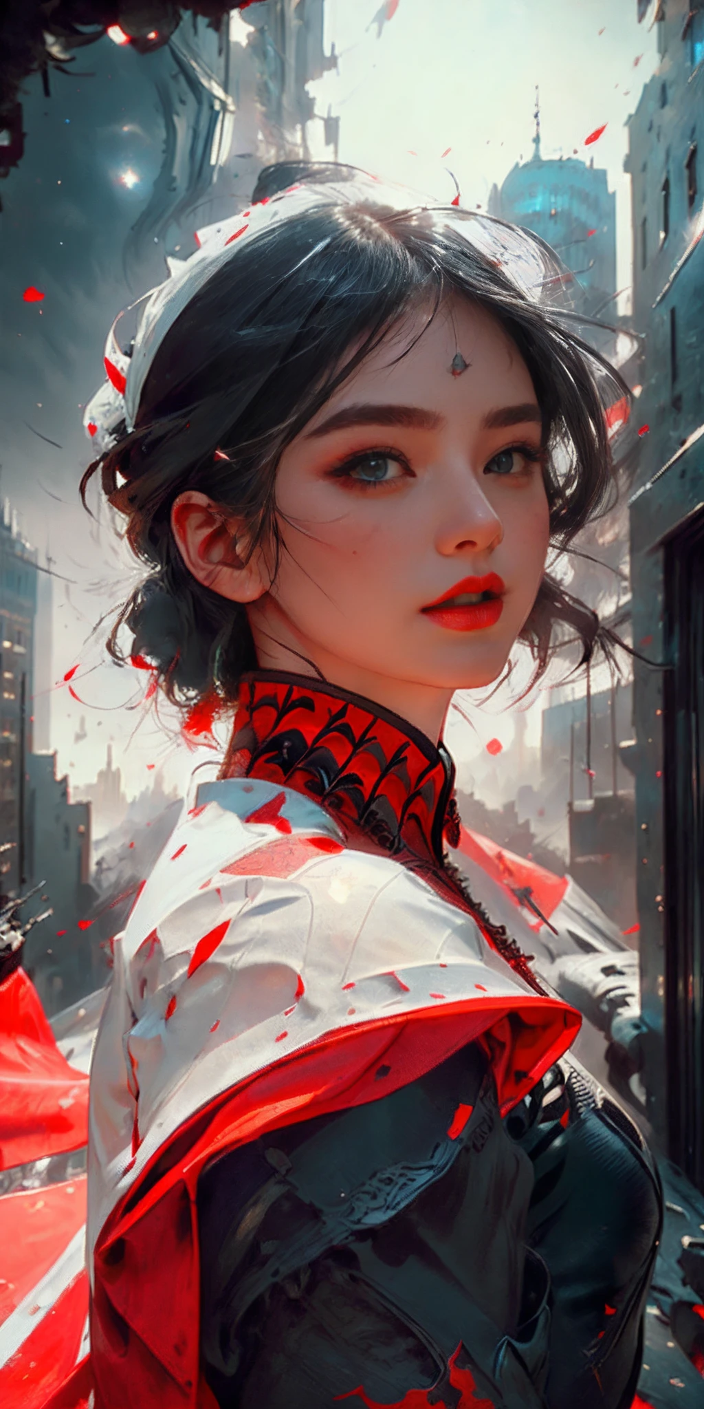 (1girl:1.3), Solo, (((Very detailed face)))), ((Very detailed eyes and face)))), Beautiful detail eyes, Body parts__, Official art, Unified 8k wallpaper, Super detailed, beautiful and beautiful, beautiful, masterpiece, best quality, original, masterpiece, super fine photo, best quality, super high resolution, realistic realism, sunlight, full body portrait, amazing beauty, dynamic pose, delicate face, vibrant eyes, (from the front), She wears Spider-Man suit, red and black color scheme, spider, very detailed city roof background, rooftop, overlooking the city, detailed face, detailed complex busy background, messy, gorgeous, milky white, highly detailed skin, realistic skin details, visible pores, clear focus, volumetric fog, 8k uhd, DSLR, high quality, film grain, fair skin, photo realism, lomography, futuristic dystopian megalopolis, translucent