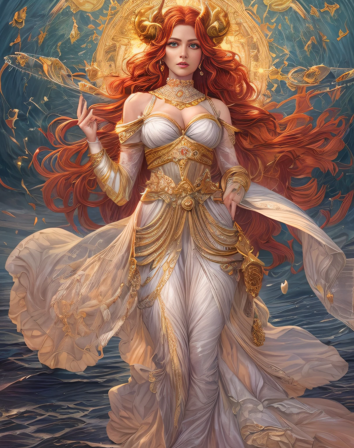( High quality , ultra detailed to hand ) ( careful hand ) Zodiac sign- Aries goddess , similar to latin goodness , Brave ,willful ,productive ,enterprising and humanitarian face . Moody, impulsive, impatient, assertive style . sunset reddish hair , transparent dress , in the ocean with sun , whole body , crystal fire eyes ( eye detailed ) . strong powerful make up look . Fire goddess .