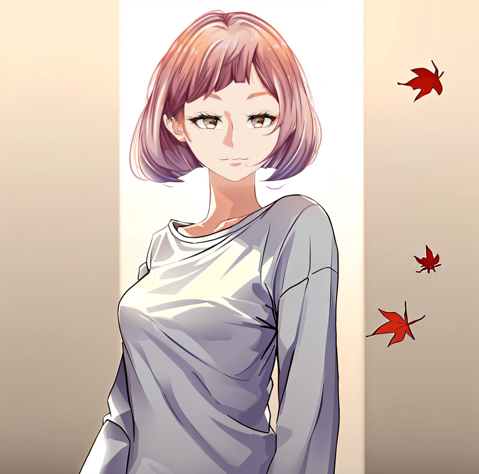 (((masterpiece))), (((best quality))), ((ultra-detailed)), (highly detailed CG illustration), ((an extremely delicate and beautiful)),((Soft off-white with a hint of lavender t-shirt:1.5)), ((plain t-shirt:1.5)),(long sleeves:1.5),(Casual T-shirt),(From a slight side angle), (The side of one arm is visible),(very loose T-shirt:1.2), (plain t-shirt), ((upper body:1.5)),portrait of an anime girl, t-shirt,1girl, solo,(Autumn leaf bronze eyes:1.5), (short hair),(Rose and light orange, purple hair), looking at viewer,smiling,bad-girl,mature female, anime girl with long hair, ((medium breasts:1.3)), garden