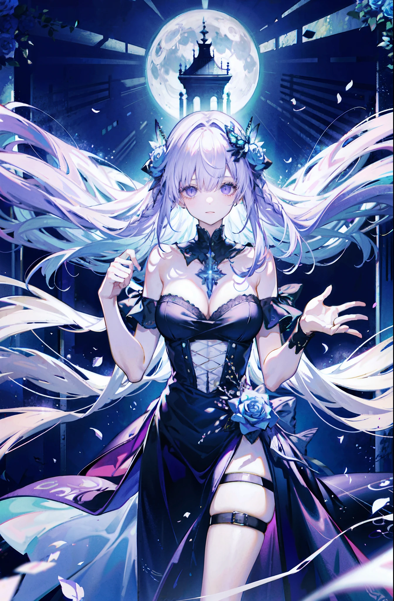 silber hair，butterflys，long whitr hair，8k wallpaper，detailedbackground，Highest high resolution，deep v big breasts，Hair over eyes，Bandeau，Church background，Purple roses，tight-fitting，themoon，stocklings，2 girls，Twin sisters