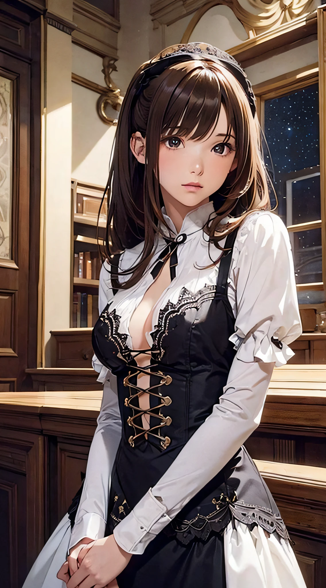 (1girl:1.3), cinematic light, solo, breasts, Lace-Up Bodice Dress,  silky long hair, (brown) hair, (masterpiece, top quality, best quality, official art, beautiful and aesthetic:1.3), extreme detailed,highest detailed,(ultra-detailed),((an extremely delicate and beautiful)),starry sky,from below