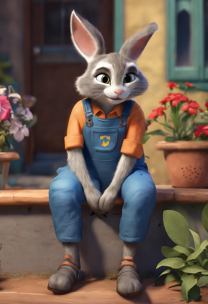 painting of a cat in overalls sitting on a bench, a portrait of judy hopps, artist wearing overalls, blue overalls, wearing overalls, full body realistic portrait, anthropomorphic female cat, full body portrait of a short!, an anthro cat, judy hopps from zootopia, realistic portrait full body, anthro cat, adorable digital painting