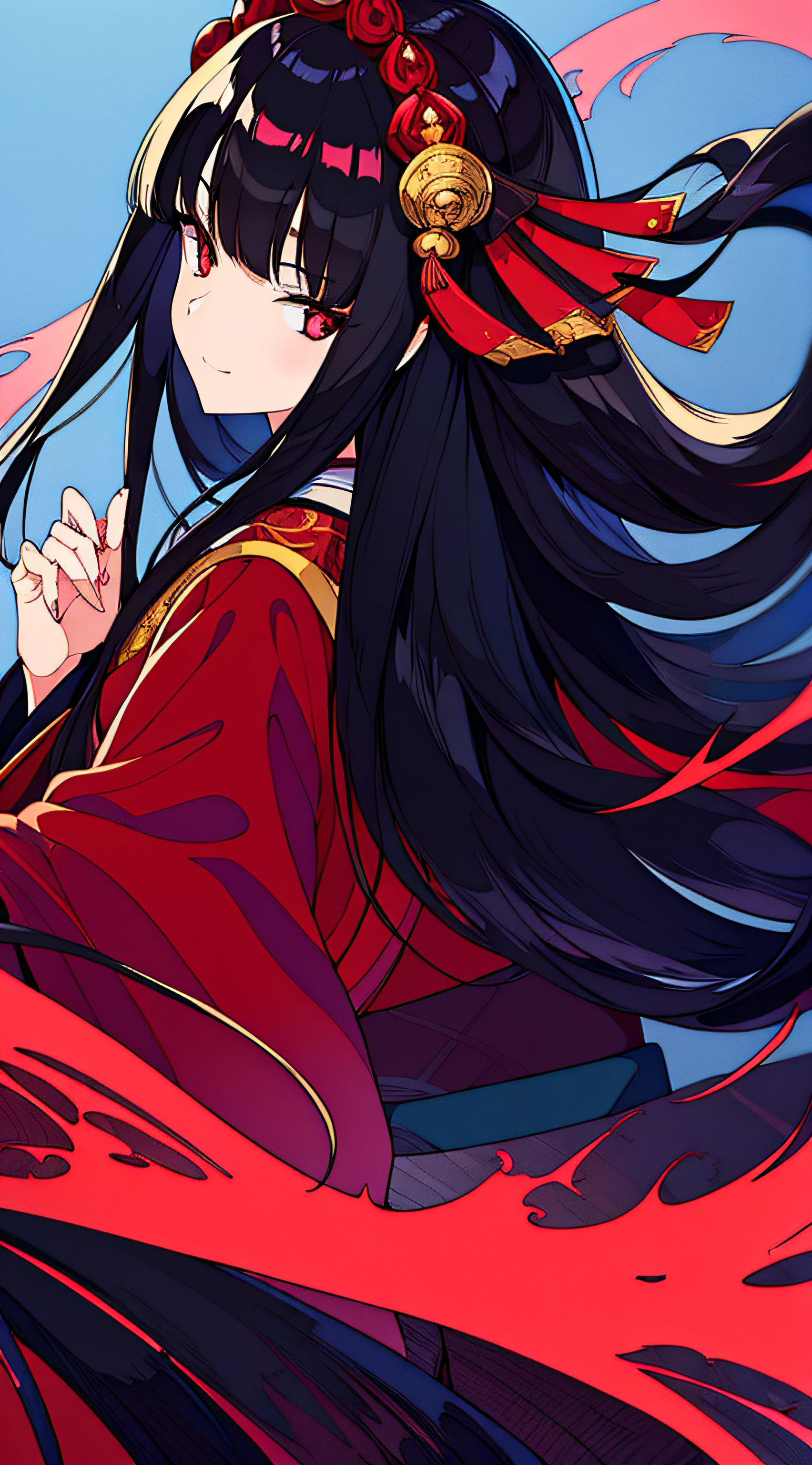 1girl, long black hair, red eyes, wearing kimono, center, close-up potrait, budhist ornament, nature, high res, ultra sharp, 8k, perfect face, 2d anime style, detailed