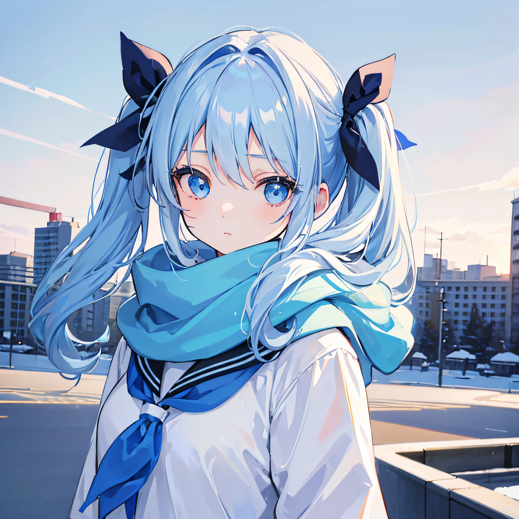 1girl, with light blue twintails hair and blue eyes, wearing 2 hair ribbon and a blue and white school uniform. The scene is set in winter, with the girl looking directly at the viewer. This image can be used as a profile picture.City background.Masterpiece,high-quality,absurdres,scarf