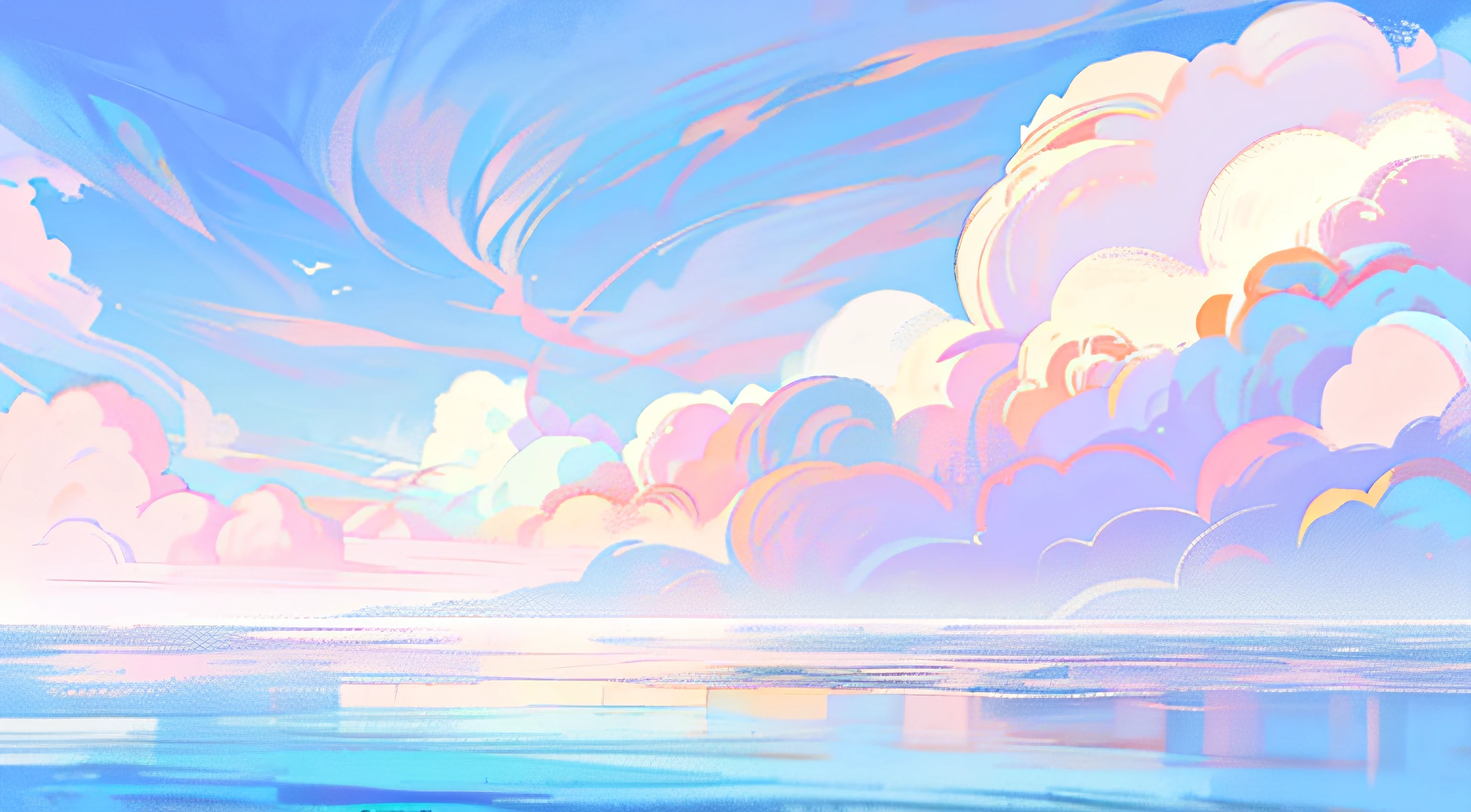 Draw a painting of a body of water setting over a body of clouds, fluffy pink anime clouds, background artwork, arte de fundo, Pearly sky, Dreamy landscape, Fluffy and soft clouds, pastel sunset, fantasy puffy sky, calm evening. Digital illustration, dreamy sky, Dreamy clouds, fantasy sea landscape, soft sky, blurry and dreamy illustration, Dawn background, peaceful clouds, serene illustration