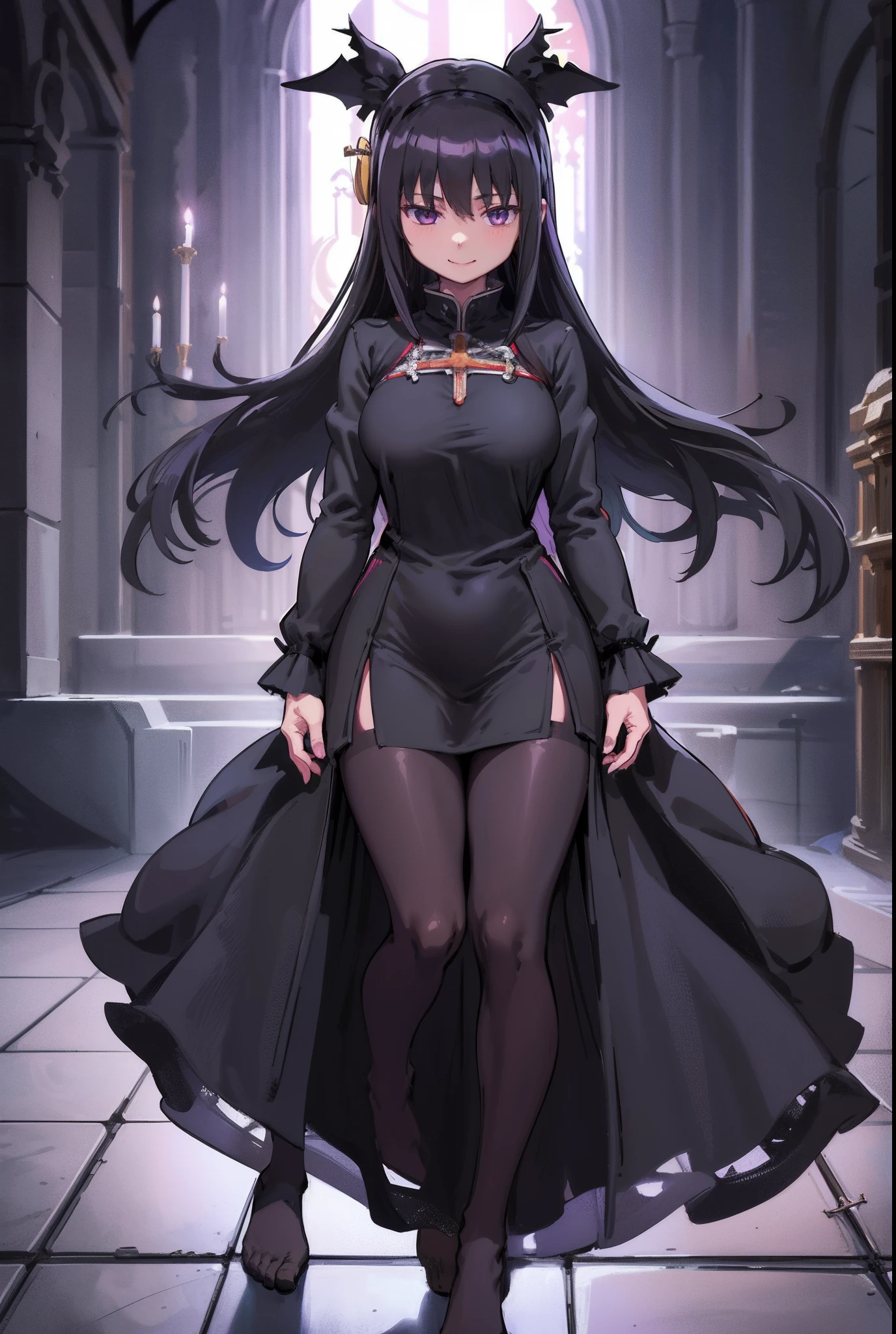 extremely detailed,1girl, solo, homuramagica, long hair, pantyhose,, long dress, priestess, blackcloths, black veils, gothic, long skirt, black robe, religious, standing, full body, medium breast, mature woman, tallgirl, standing,smile, church, purple eyes