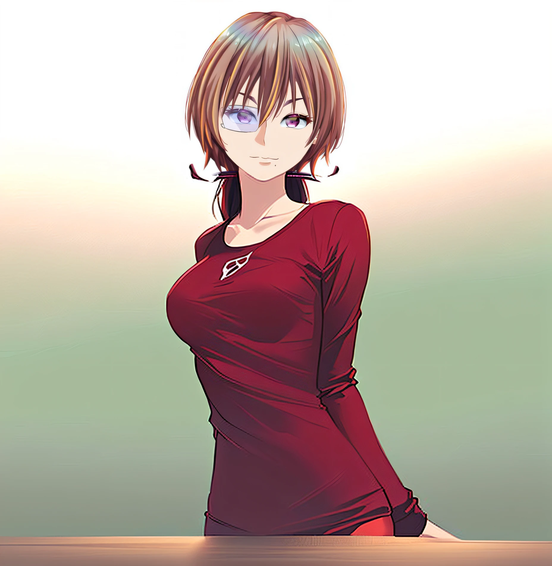 (((masterpiece))), (((best quality))), ((ultra-detailed)), (highly detailed CG illustration), ((an extremely delicate and beautiful)),((Dark wine-red t-shirt:1.5)), ((plain t-shirt:1.5)),(long sleeves:1.5),(Casual T-shirt),(From a slight side angle), (The side of one arm is visible),(very loose T-shirt:1.2), (plain t-shirt), ((upper body:1.5)),portrait of an anime girl, t-shirt,1girl, solo,brown hair, boyish girl,(dark burgundy eyes:1.5), looking at viewer,smiling,bad-girl,mature female, anime girl with long hair, ((medium breasts:1.5)), wearing headphones around her neck