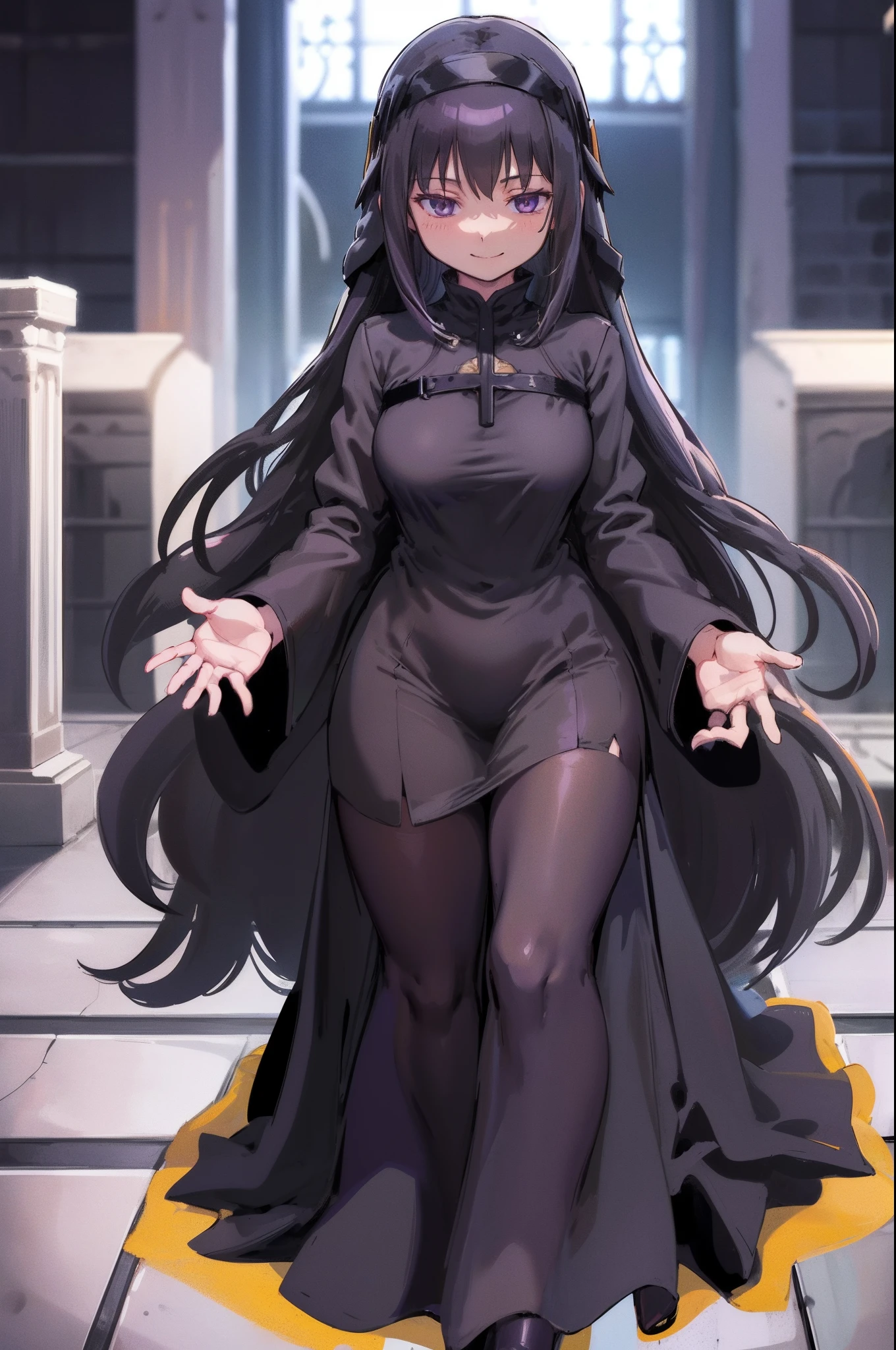 Long silver hair, green eyes, headband, not cool, black tunic, nun tunic, black hood, flat breast, smile, happy, beautiful thighs, inside house, Looking down, camera view from below