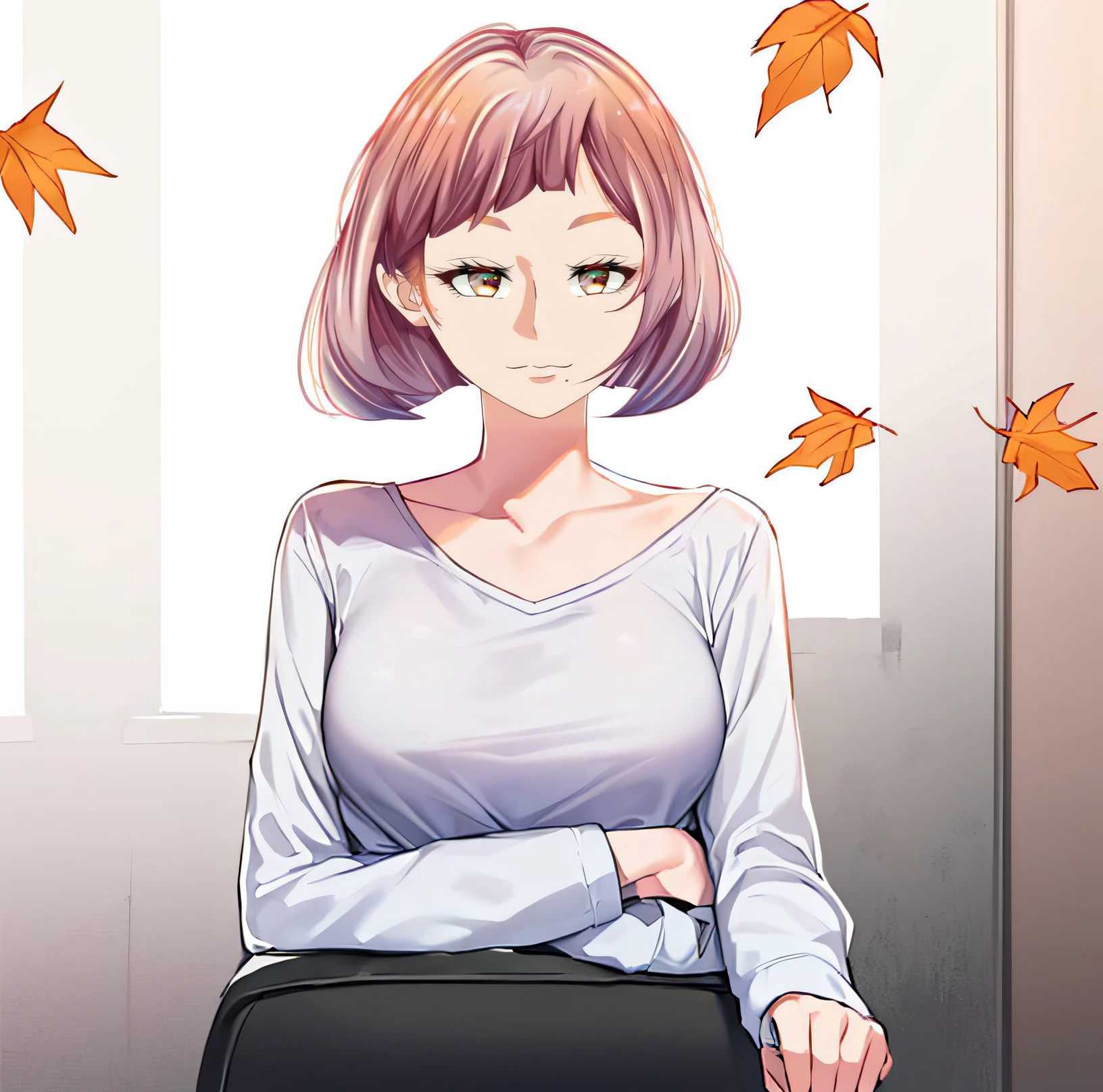 (((masterpiece))), (((best quality))), ((ultra-detailed)), (highly detailed CG illustration), ((an extremely delicate and beautiful)),((Soft off-white with a hint of lavender t-shirt:1.5)), ((plain t-shirt:1.5)),(long sleeves:1.5),(Casual T-shirt),(From a slight side angle), (The side of one arm is visible),(very loose T-shirt:1.2), (plain t-shirt), ((upper body:1.5)),portrait of an anime girl, t-shirt,1girl, solo,(Autumn leaf bronze eyes:1.5), (short hair),(Rose and light orange, purple hair), looking at viewer,smiling,bad-girl,mature female, anime girl with long hair, ((medium breasts:1.5))