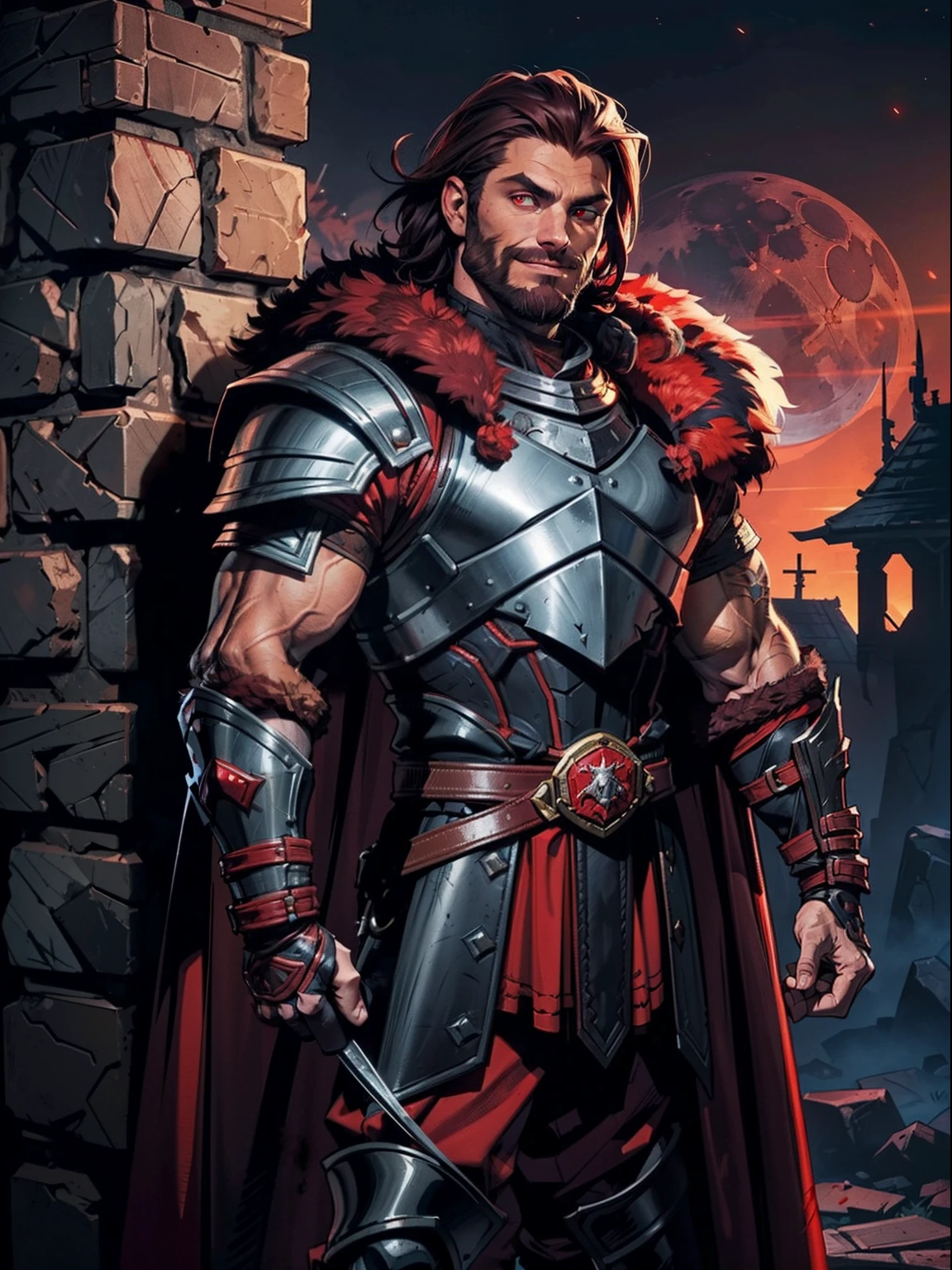 Dark night blood moon background, Darkest Dungeon style, standing by the wall. Todd Smith as Ares from Xena, athlete, short mane hair, mullet, defined face, detailed eyes, short beard, glowing red eyes, dark hair, wily smile, badass, dangerous. Wearing full red armor with scales, cape of furs.