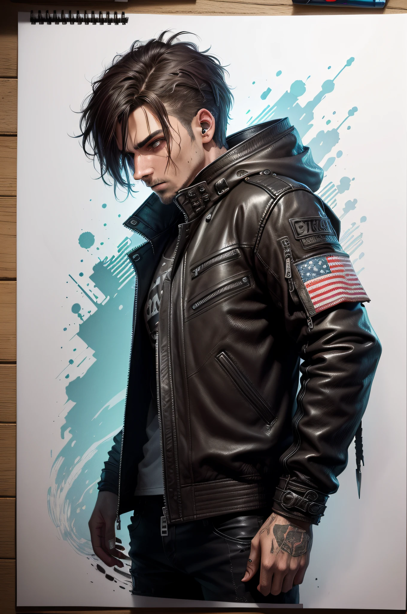 Game object Leather jacket, bits of color, Sketch, hand drawn, dark, gritty, realistic sketch, Rough sketch, mix of bold dark lines and loose lines, bold lines, on paper, jacket sheet, jacket, Water in metal, slik, sci-fi, ghostly theme, (((items and gear listed on the side)))