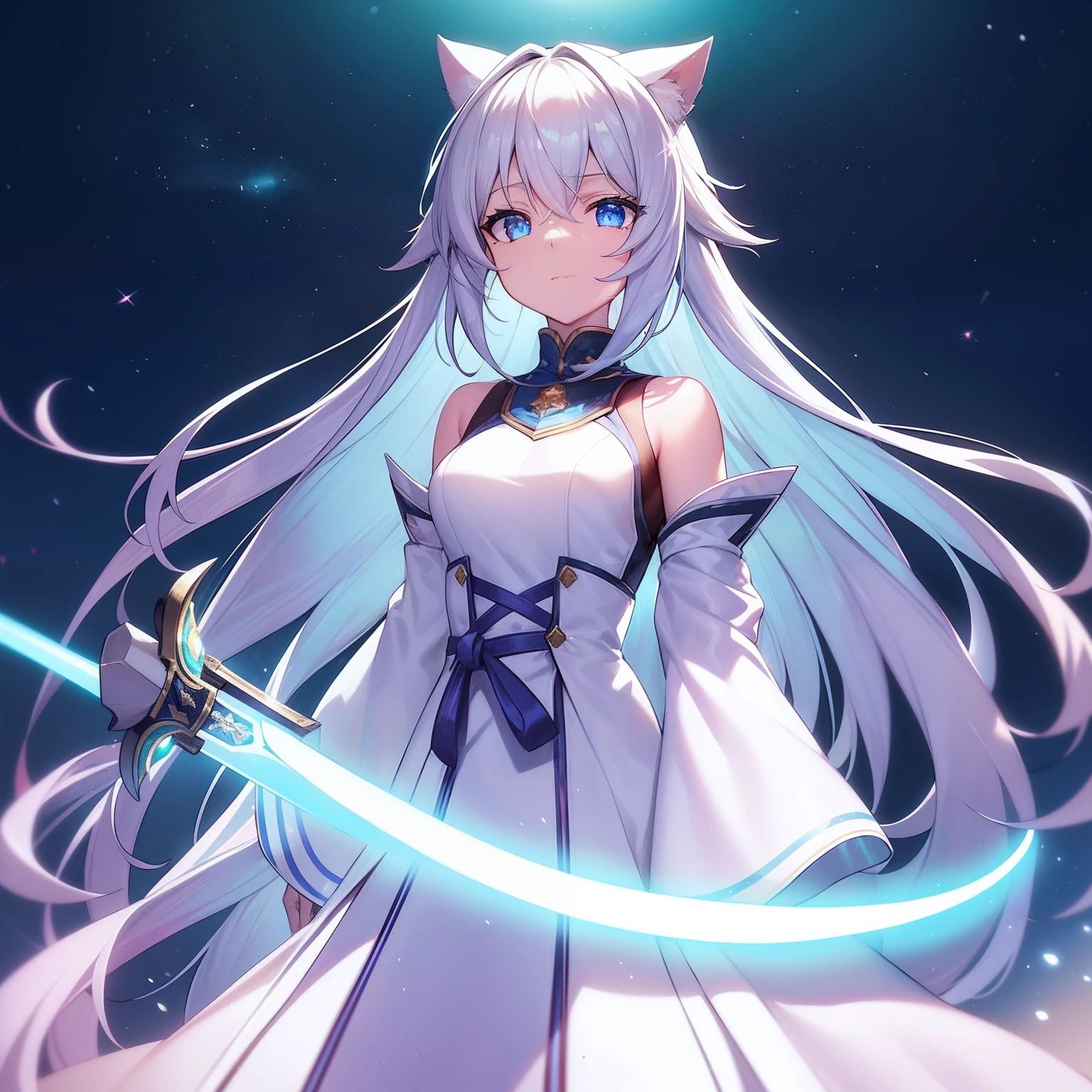 Cat's ears,hair is white and long,Goggles shine on her head,Her skin is pale, A blade of light enveloped me like a snake in interstellar wind,Unleash the Blade of Light, Highest Quality, Carry a blue cloak with war maiden decorations,Raise the rainbow sword of the brave, ((sad))((Scared)), 8 Blue Light Sword,Blade of Light,Lens Flare, Big rainbow,The moon shines,Star chips, bloom, ((light glow)), chromatic abberation], Digital Painting, Insane details, Intricate details, Beautifully color graded, Unreal Engine, Cinematic , colour grading, Editorial Photography , Photography, Photo Shot, Shot on 70mm lens, depth of fields, degrees of freedom, Tilt Blur, Shutter Speed 1/1000, h/22