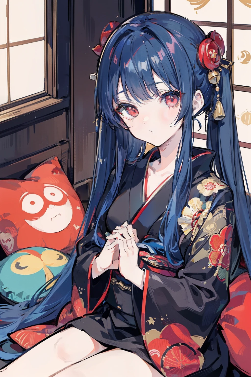 masterpiece, best quality, 1girl, long hair, (blue hair), very long hair, twintail, red eyes, round eyes, expressionless, ((black kimono)), floral pattern kimono, ((sitting on the cushion)), in the shrine, in the wooden building, japanese room, ((Put both hands on one's knees)), (((detail face)))