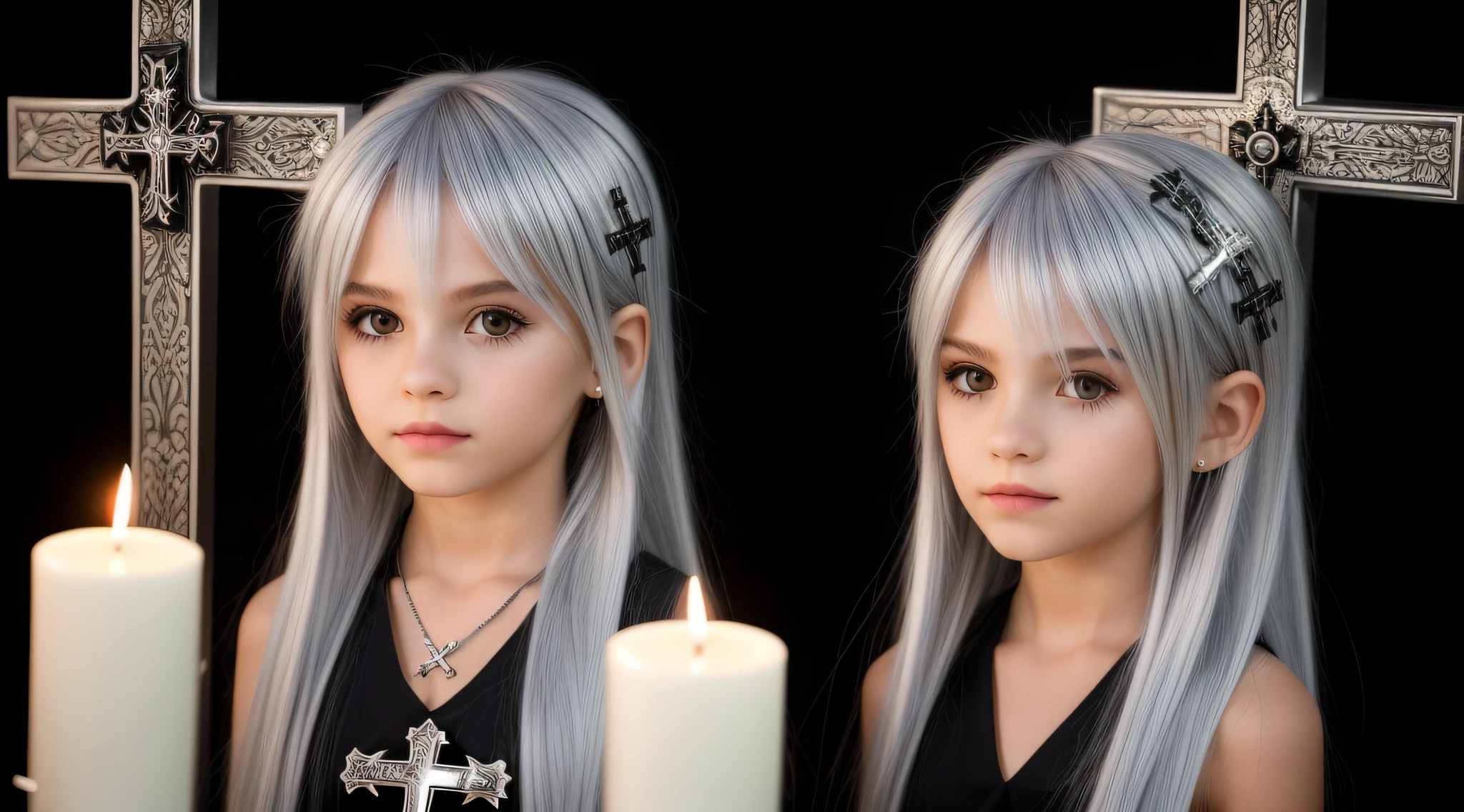 SILVER HAIR KIDS CABELO LONGO, Gothic cross, cruz, CROSSES WITH LIT CANDLES in hand.