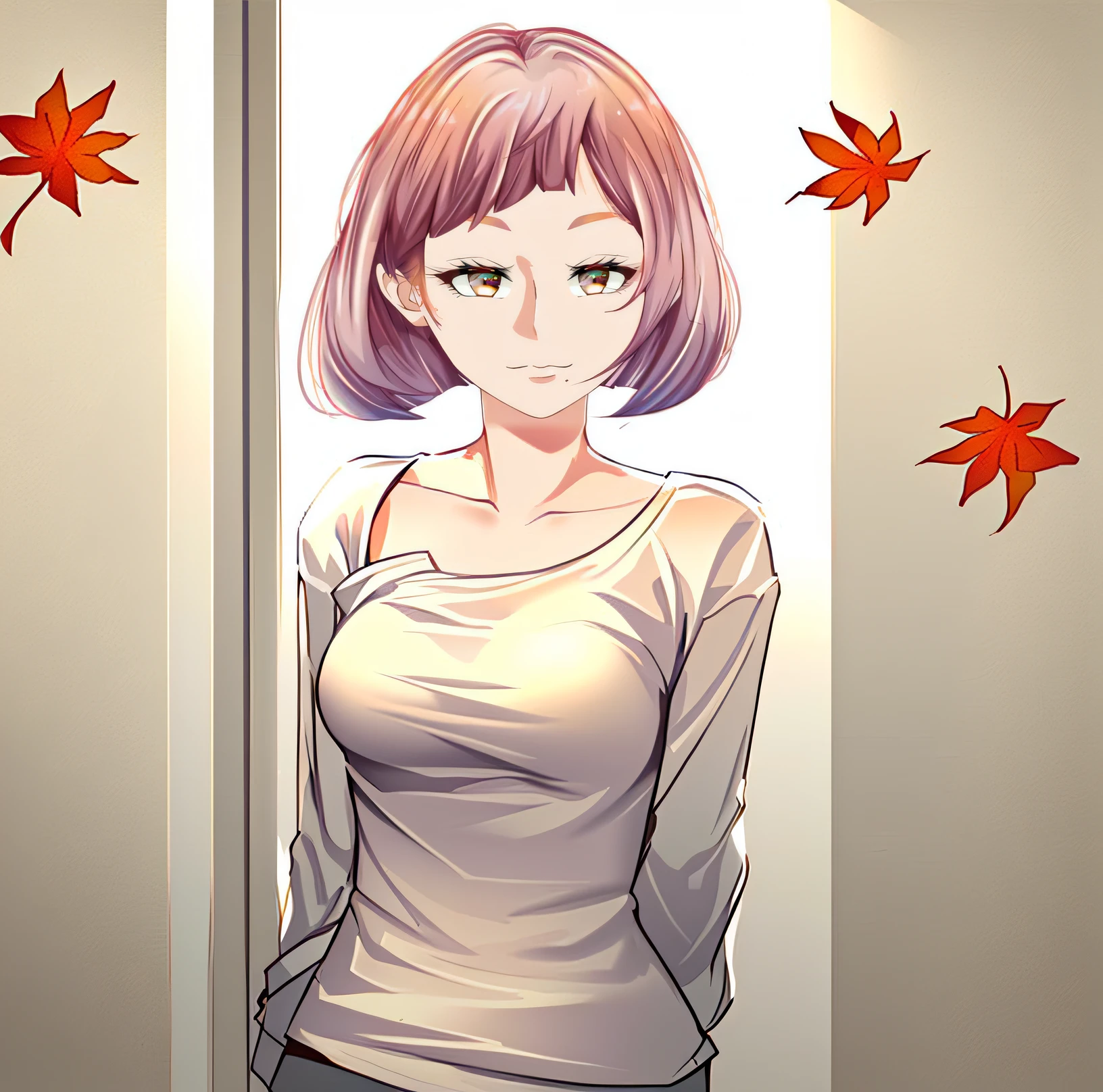 (((masterpiece))), (((best quality))), ((ultra-detailed)), (highly detailed CG illustration), ((an extremely delicate and beautiful)),((Soft off-white with a hint of lavender t-shirt:1.5)), ((plain t-shirt:1.5)),(long sleeves:1.5),(Casual T-shirt),(From a slight side angle), (The side of one arm is visible),(very loose T-shirt:1.2), (plain t-shirt), ((upper body:1.5)),portrait of an anime girl, t-shirt,1girl, solo,(Autumn leaf bronze eyes:1.5), (short hair),(Rose and light orange, purple hair), looking at viewer,smiling,bad-girl,mature female, anime girl with long hair, ((medium breasts:1.5)), garden