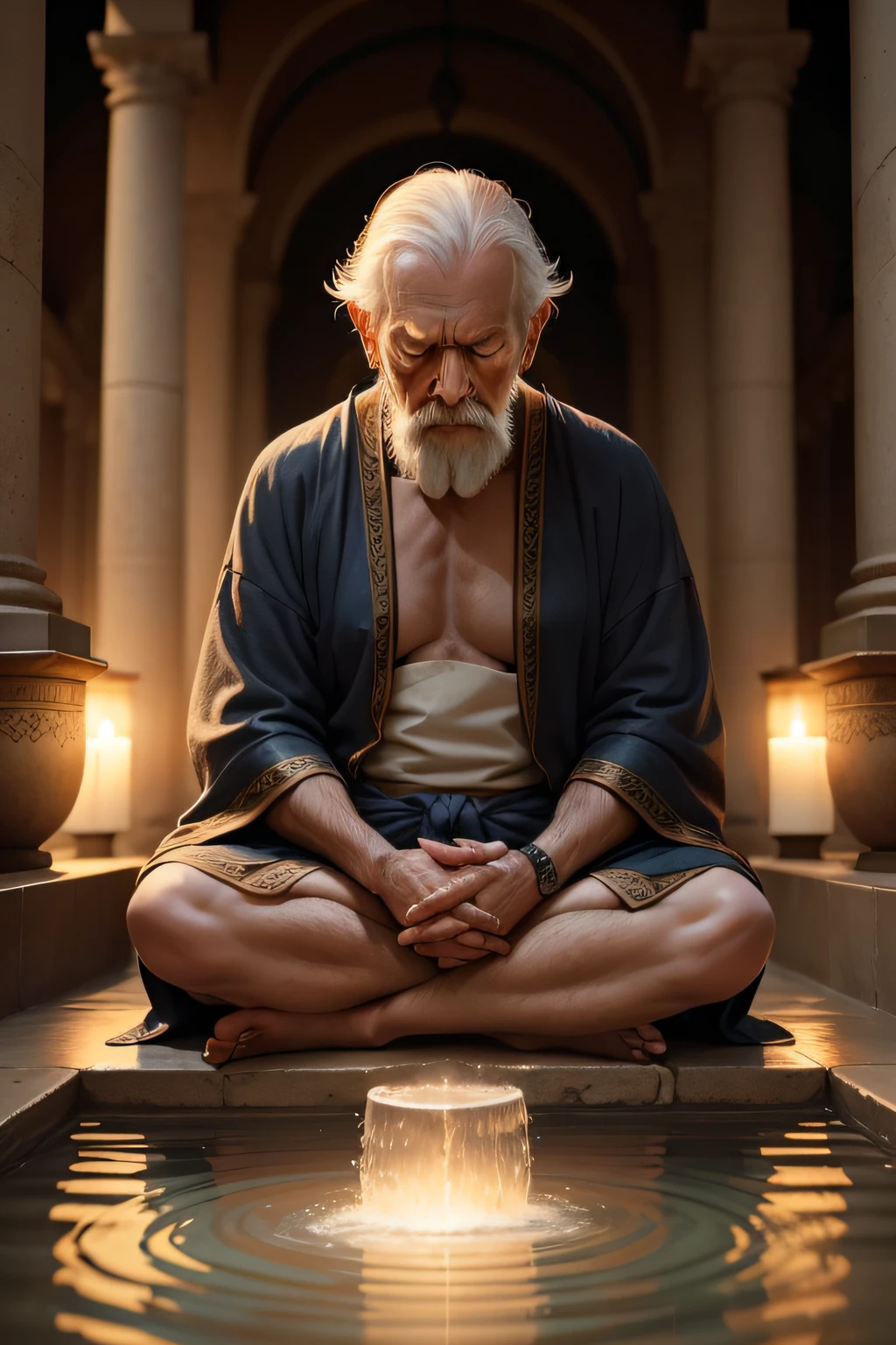 In the stillness of the early morning, the only sound is the gentle trickle of water from the fountain in the center of the temple courtyard. A lone figure sits cross-legged on a cushion in front of the fountain, his eyes closed in meditation. The old man's face is serene and peaceful, his skin wrinkled with age but his eyes still sharp and clear. He has been meditating in this spot for many years, and he is completely at peace with the world around him.