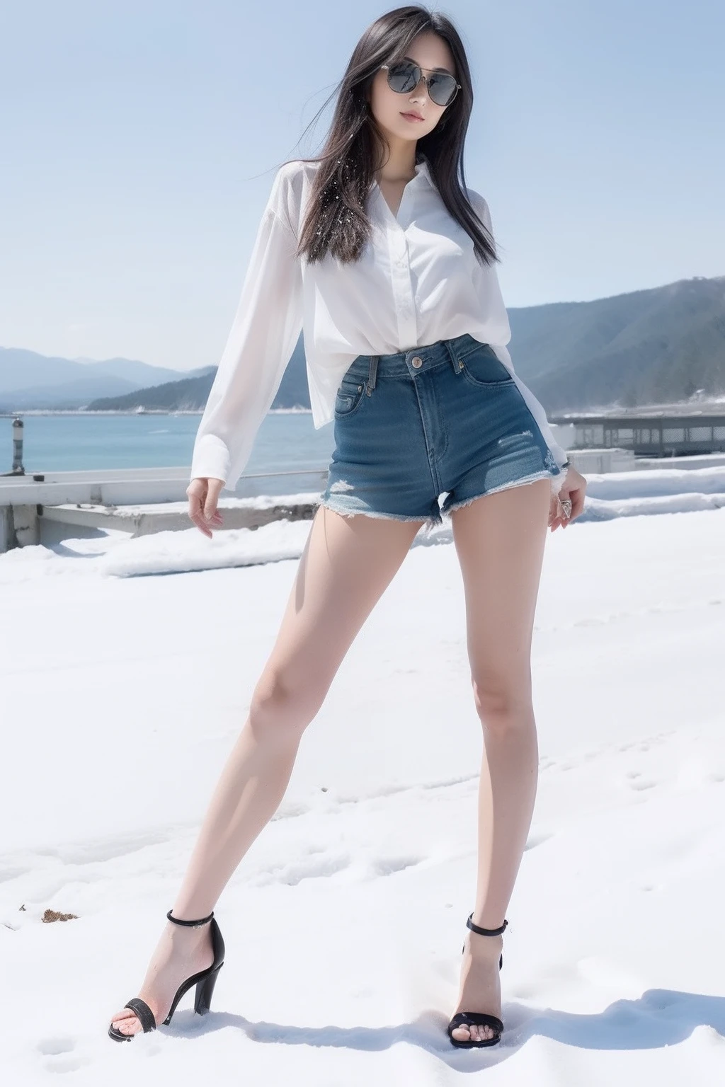 A Japanese Lady、Beautie、beauitful face、Longhaire、Black sunglasses、white shirt、Blue Micro Shorts、beauty legs、landing、Raw feet、Landing、Black heels、Oyuki、snow cover、top-quality、Tall、