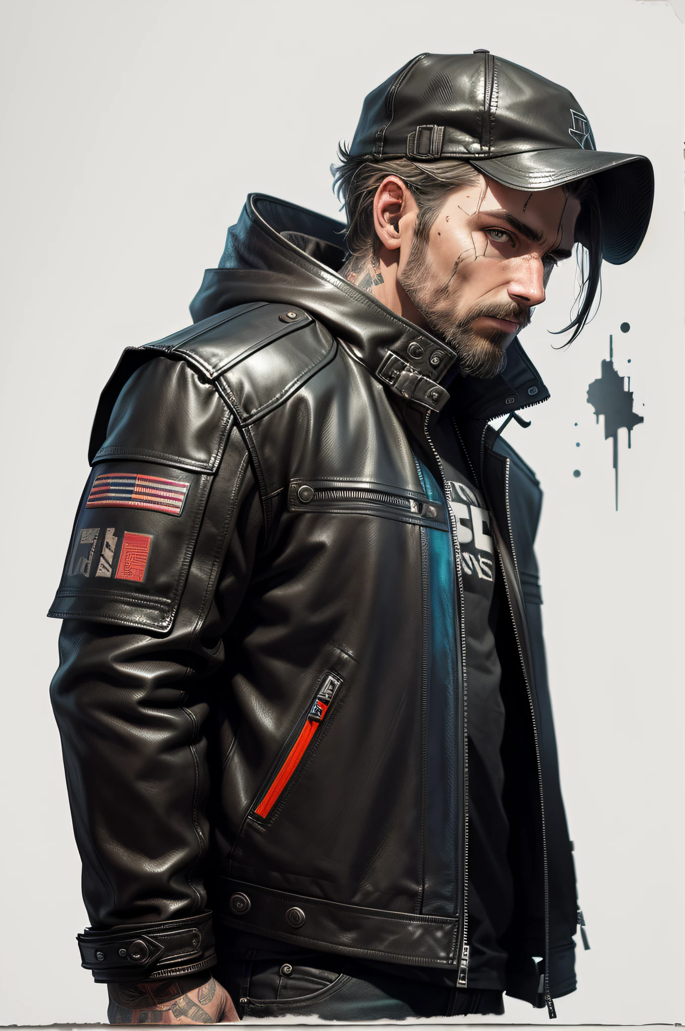 Game object Leather jacket, bits of color, Sketch, hand drawn, dark, gritty, realistic sketch, Rough sketch, mix of bold dark lines and loose lines, bold lines, on paper, jacket sheet, jacket, Water in metal, slik, sci-fi, ghostly theme, (((items and gear listed on the side)))