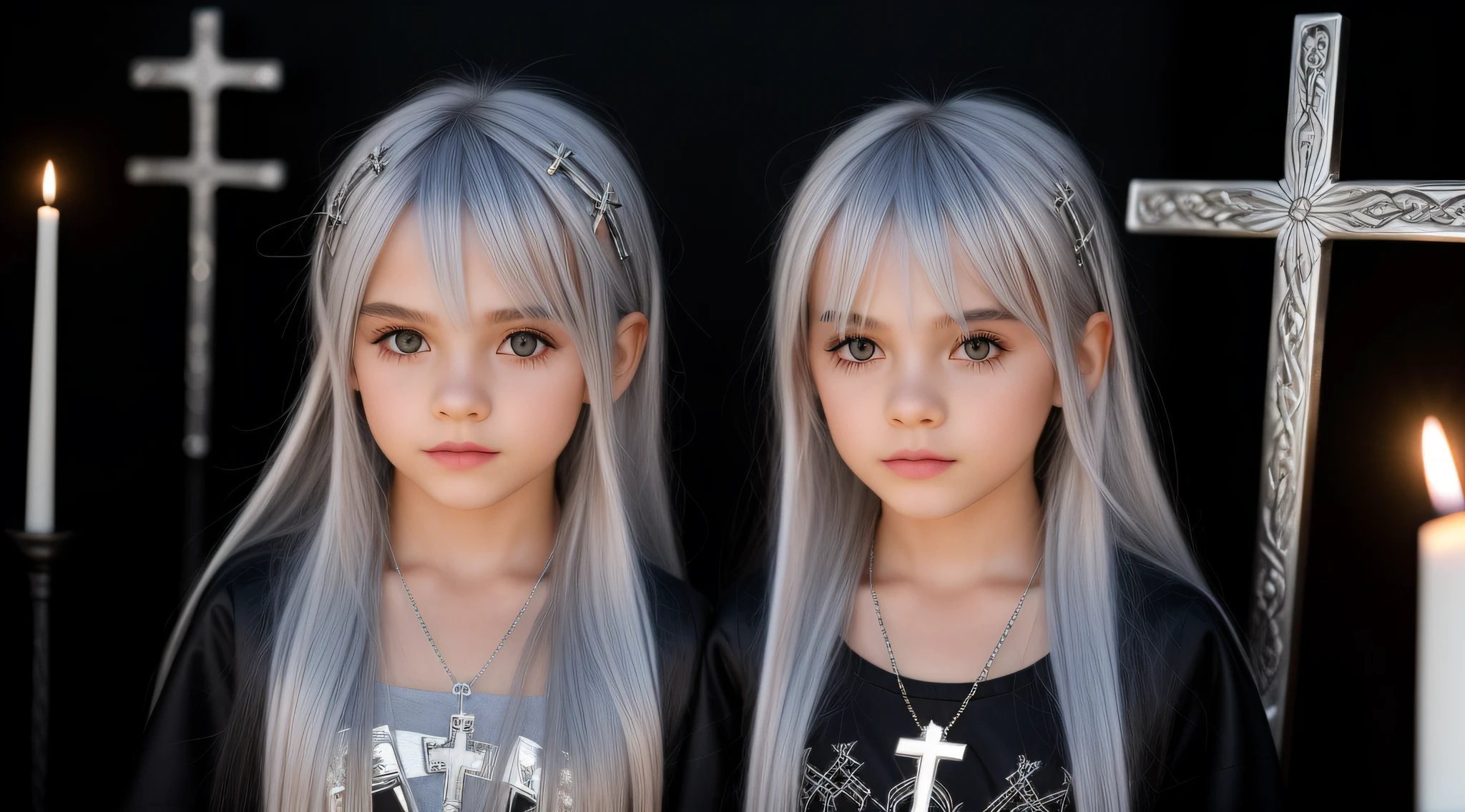 SILVER HAIR KIDS CABELO LONGO, Gothic cross, cruz, CROSSES WITH LIT CANDLES in hand.